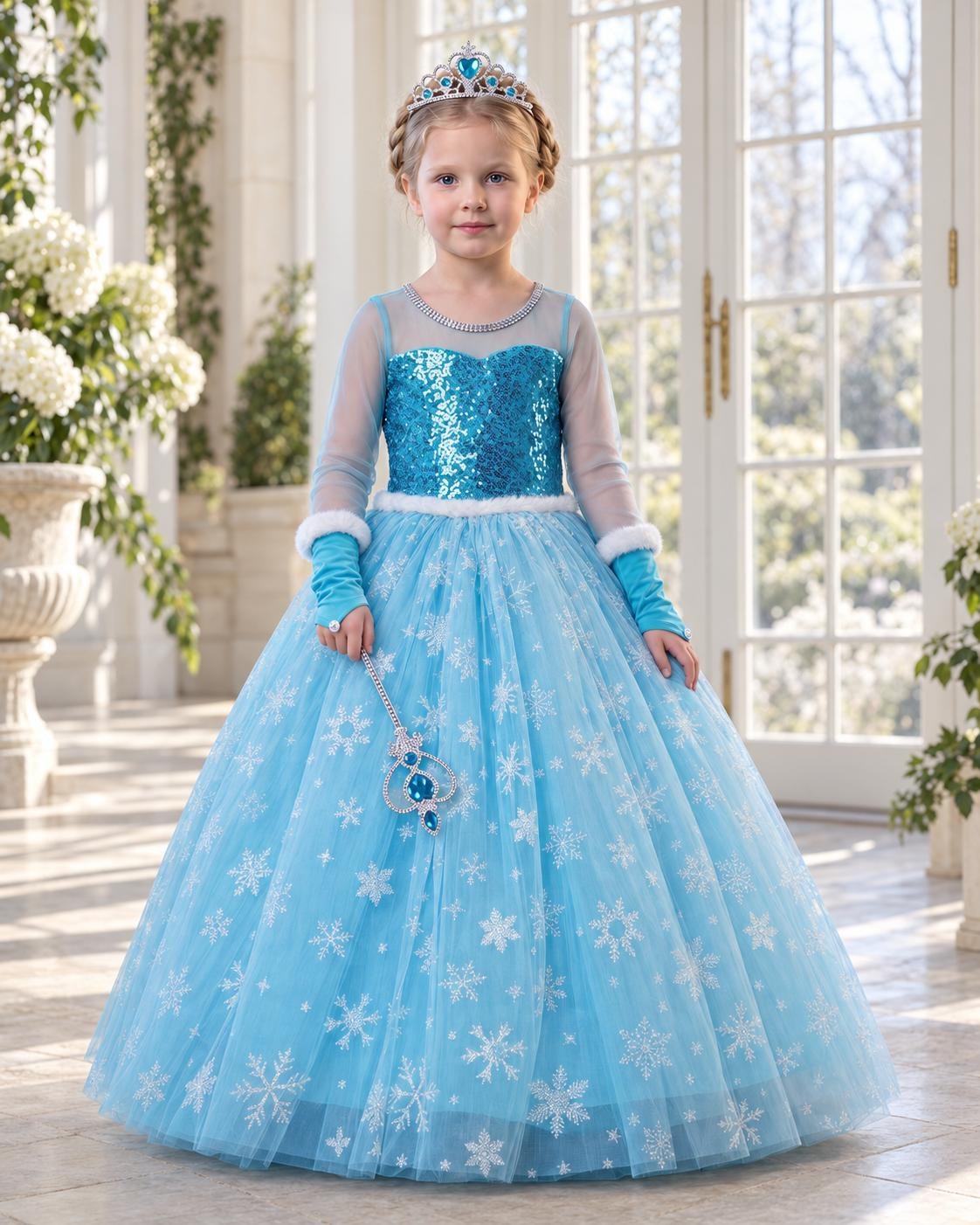 Frozen Elsa Kostümü Uzun Kollu Kız Çocuk Prenses Elbisesi Taç+Asa+Eldiven  Hediyeli