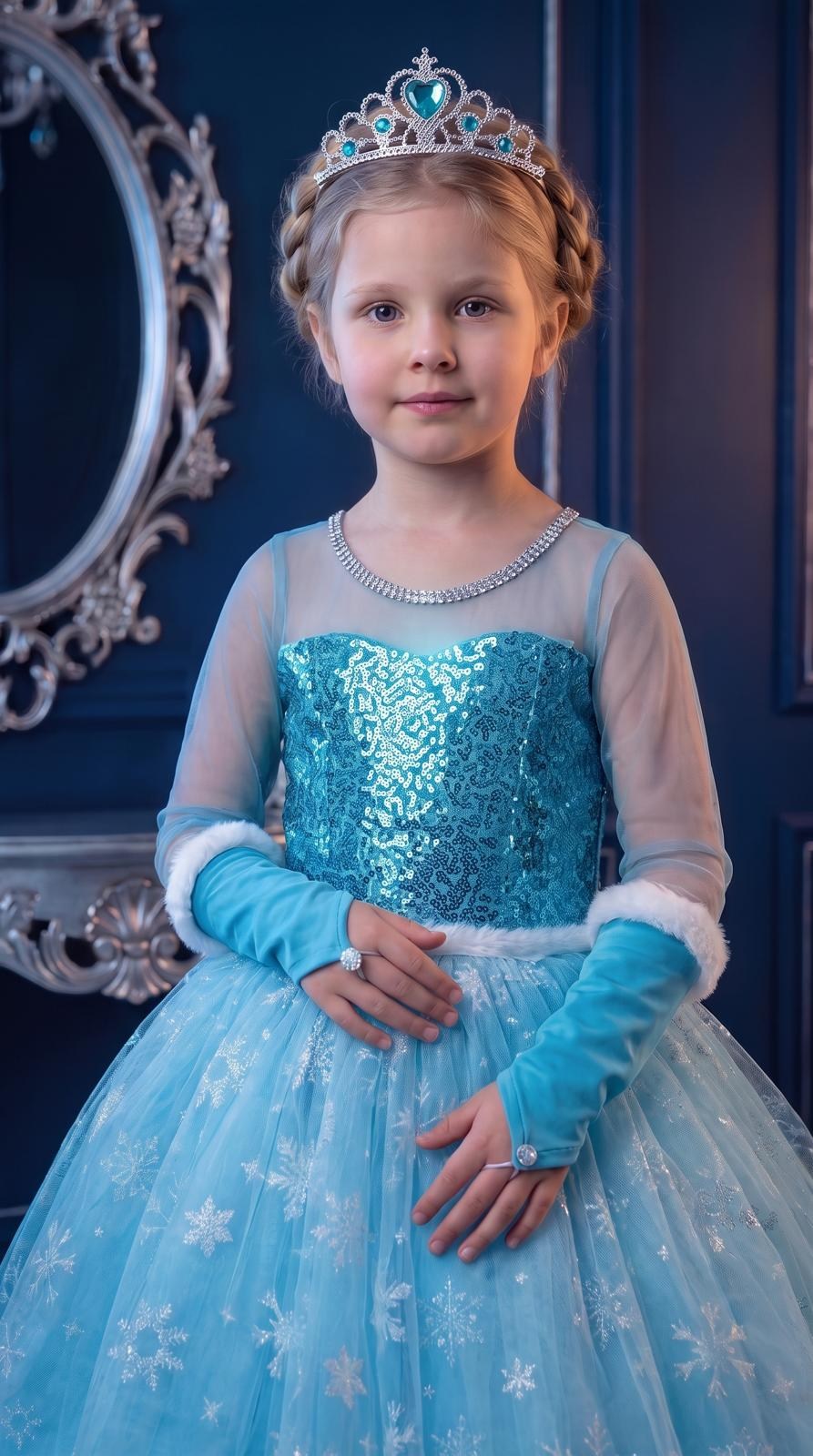 Frozen Elsa Kostümü Uzun Kollu Kız Çocuk Prenses Elbisesi Taç+Asa+Eldiven  Hediyeli