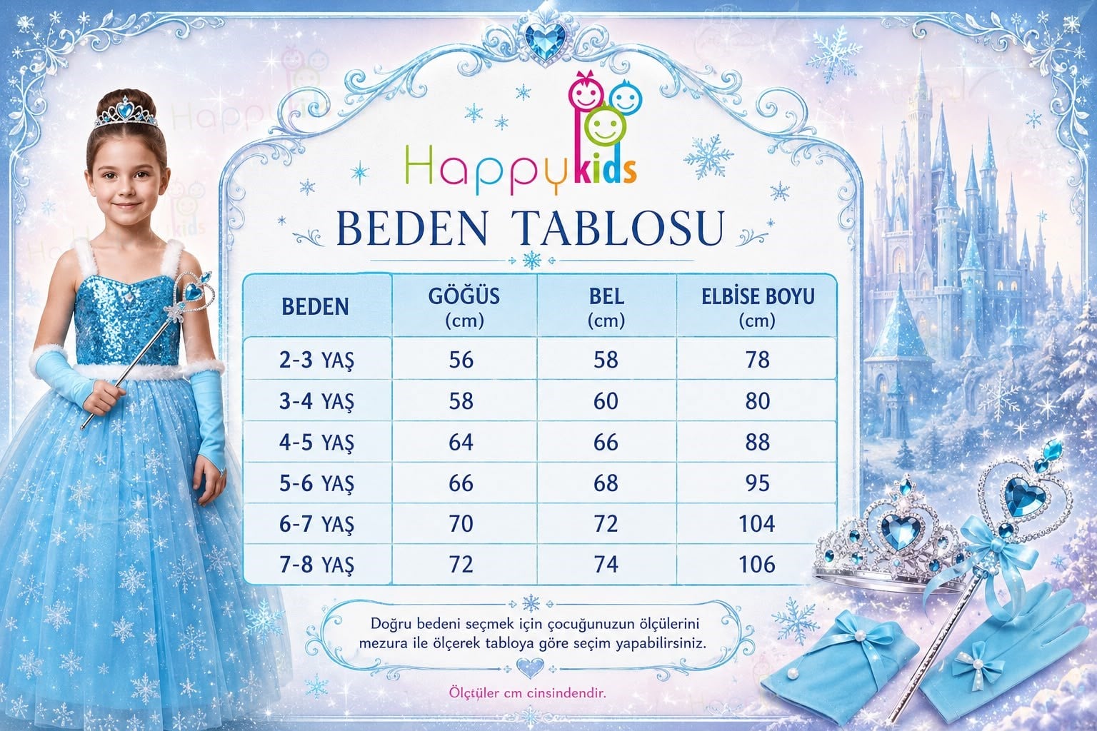 Elsa Kız Çocuk Prenses Kostümü Askılı Payetli Kar Taneli Elbise - Taç Asa Eldiven Hediyeli 
