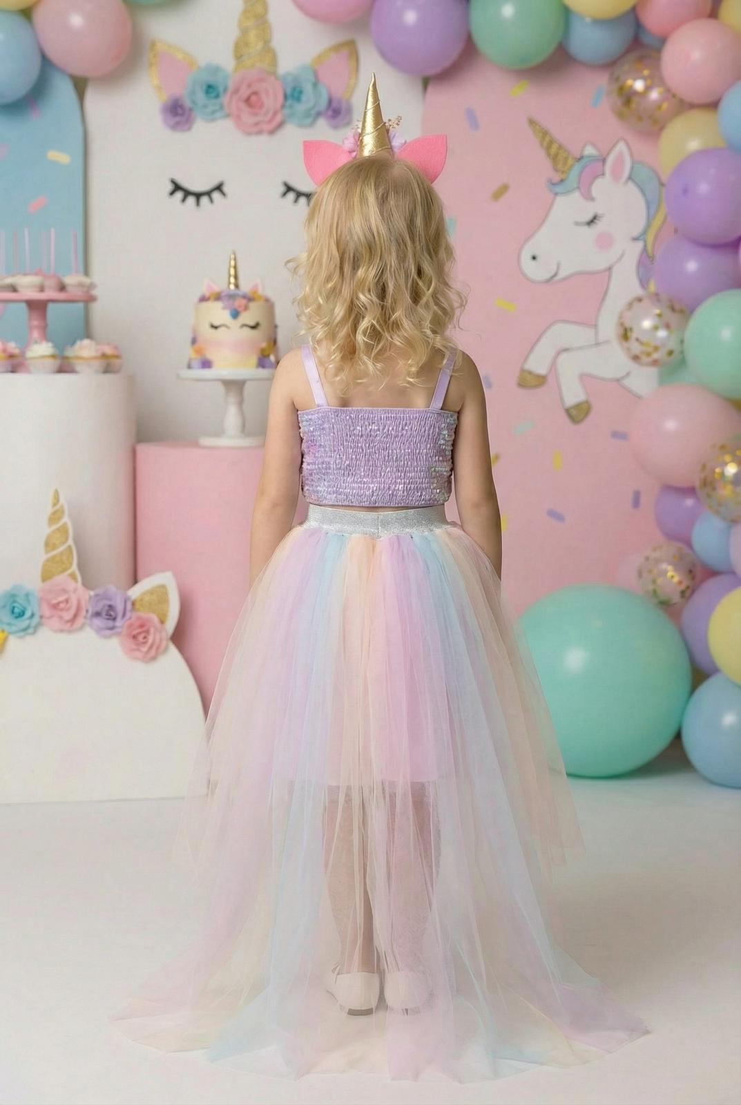 Kız Çocuk Unicorn Temalı Payetli Crop Kuyruklu Tütü Etek İkili Takım 3-7 Yaş