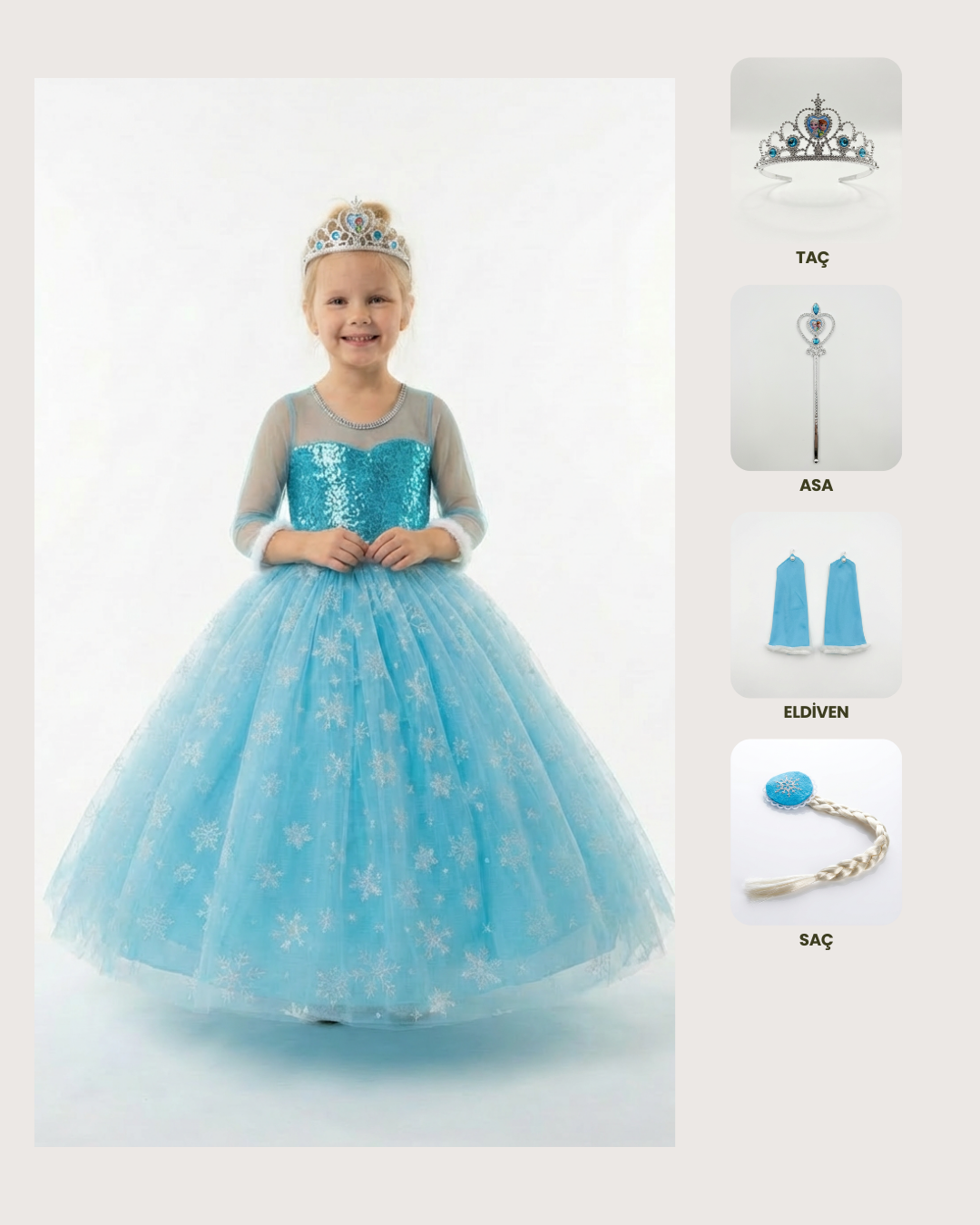 Frozen Elsa Kostümü Uzun Kollu Kız Çocuk Prenses Elbisesi Taç+Asa+Saç+Eldiven  Hediyeli