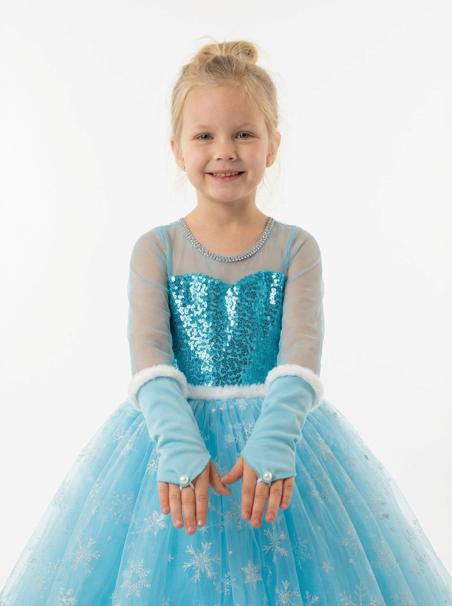 Frozen Elsa Kostümü Uzun Kollu Kız Çocuk Prenses Elbisesi Taç+Asa+Eldiven  Hediyeli