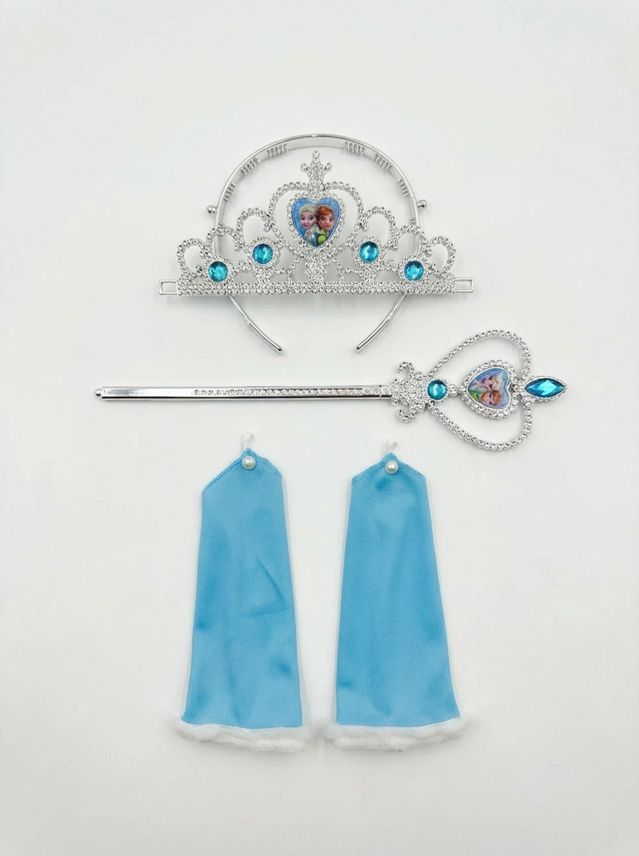 Frozen Elsa Temalı Kız Çocuk Prenses Elbise Kollu   Tüllü Kabarık  Taç Asa Eldiven + Doğum Günü Parti Seti Hediyeli 