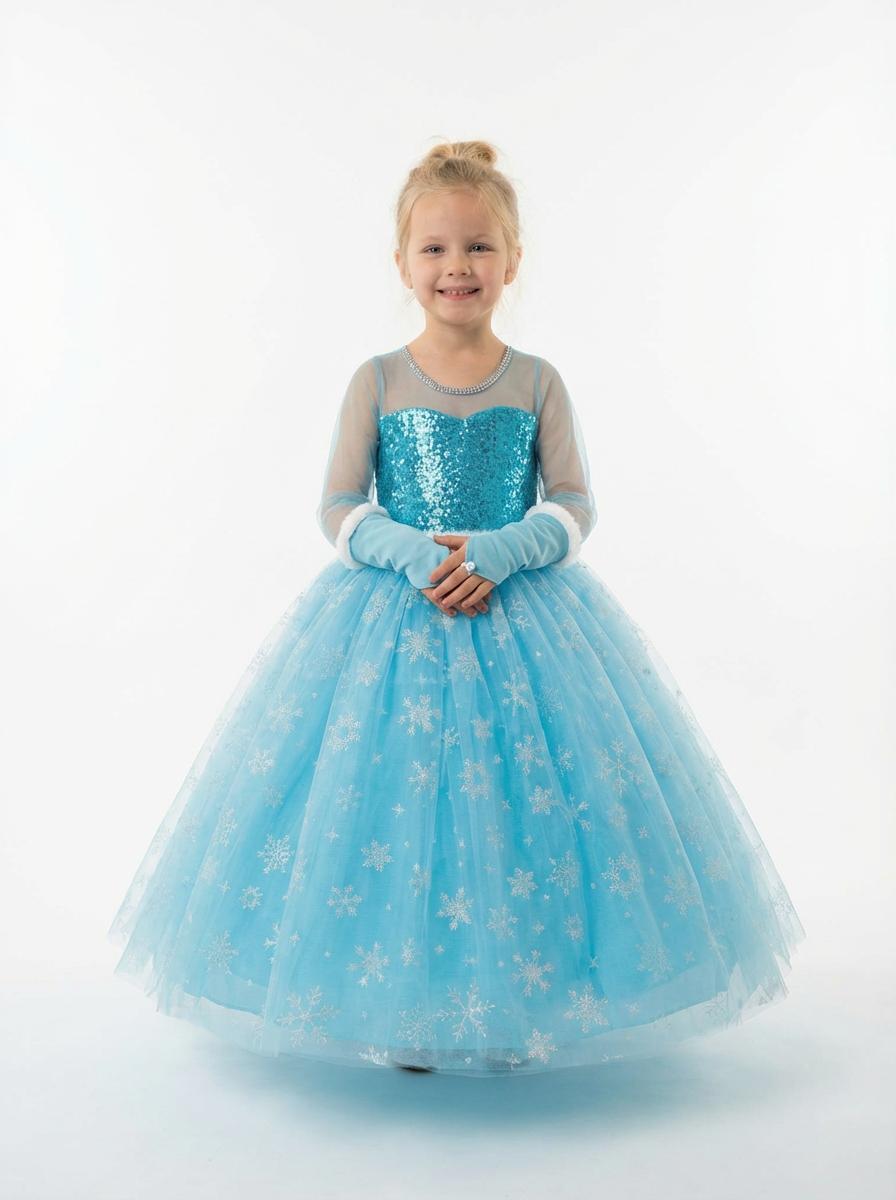 Frozen Elsa Kostümü Uzun Kollu Kız Çocuk Prenses Elbisesi Taç+Asa+Saç+Eldiven  Hediyeli
