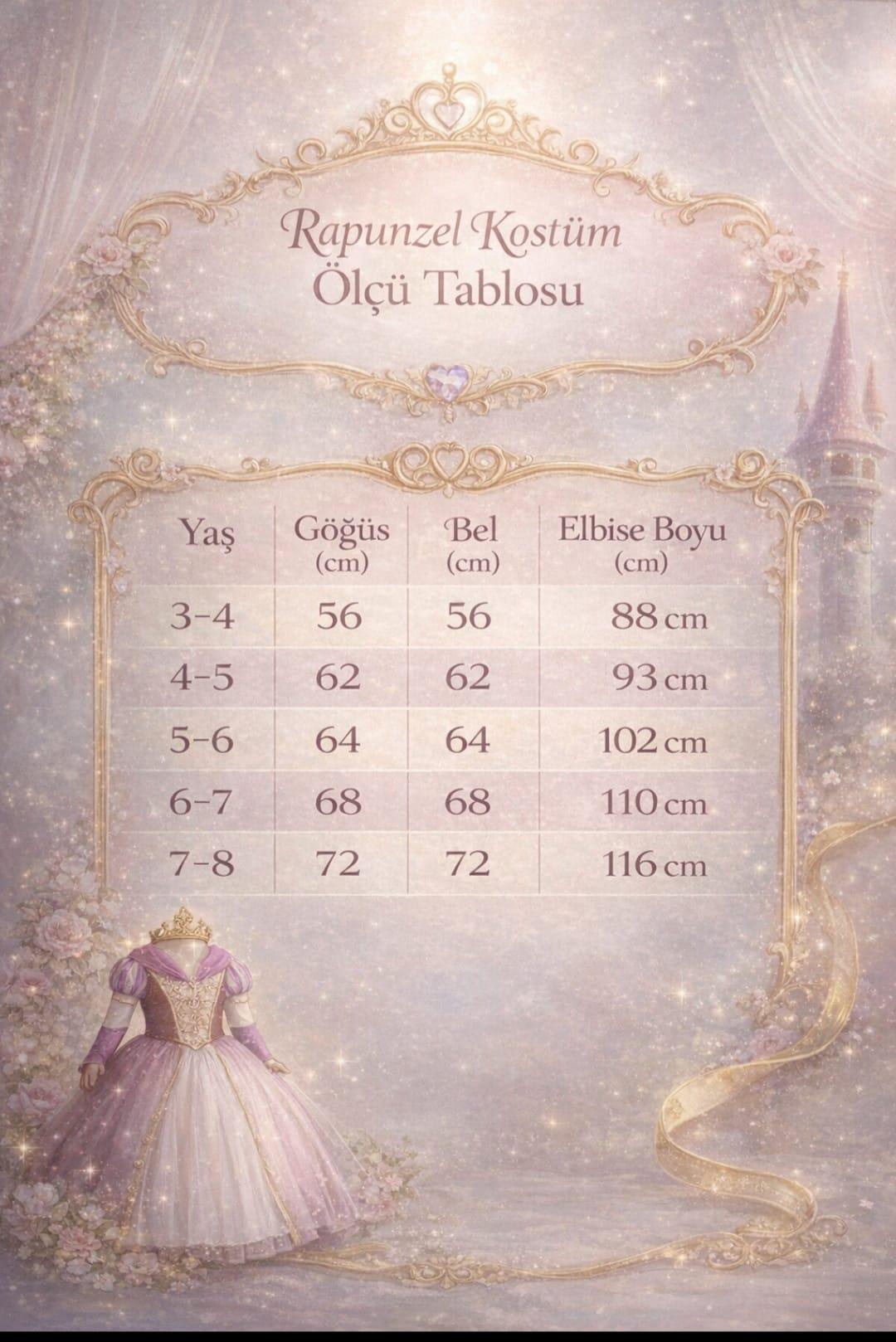 Kız Çocuk Kostüm Rapunzel Mor Düşük Omuz Detaylı Kasnaklı Kabarık Prenses Elbise 3-8 Yaş Taç ve Eldiven HEDİYELİ