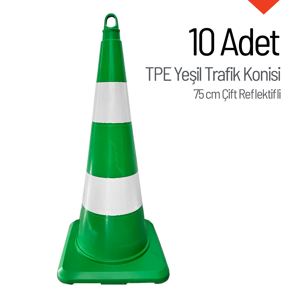 10 Adet TPE Yeşil Trafik Konisi 75 cm Çift Reflektifli - Ağırlıksız Trafik DubasıTrafik Konisi PVC - TPE 75 cm