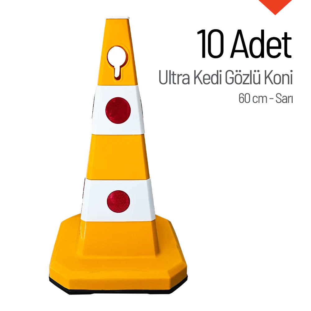 10 Adet Ultra Kedi Gözlü Koni Sarı Ağırlıklı 60 cm Trafik DubasıTrafik Konisi PPC 50-60-75 cm