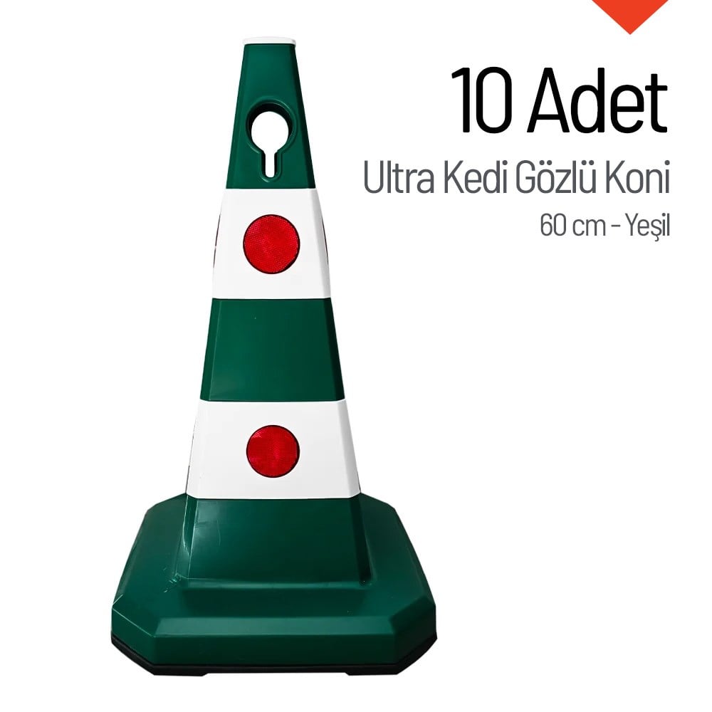 10 Adet Ultra Kedi Gözlü Koni Yeşil Ağırlıklı 60 cm Trafik DubasıTrafik Konisi PPC 50-60-75 cm