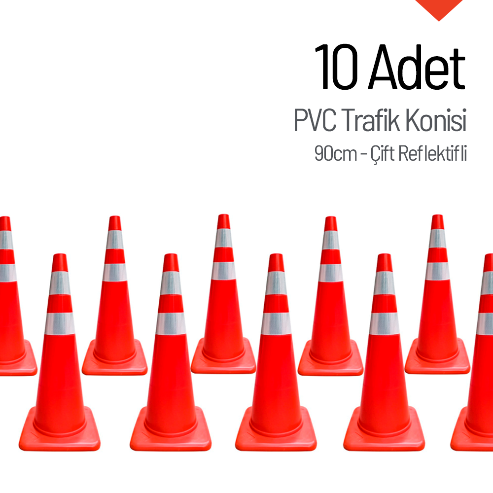 10'lu PVC Trafik Konisi Seti 90 cm Çift Reflektifli Trafik Konisi PVC 90 cm