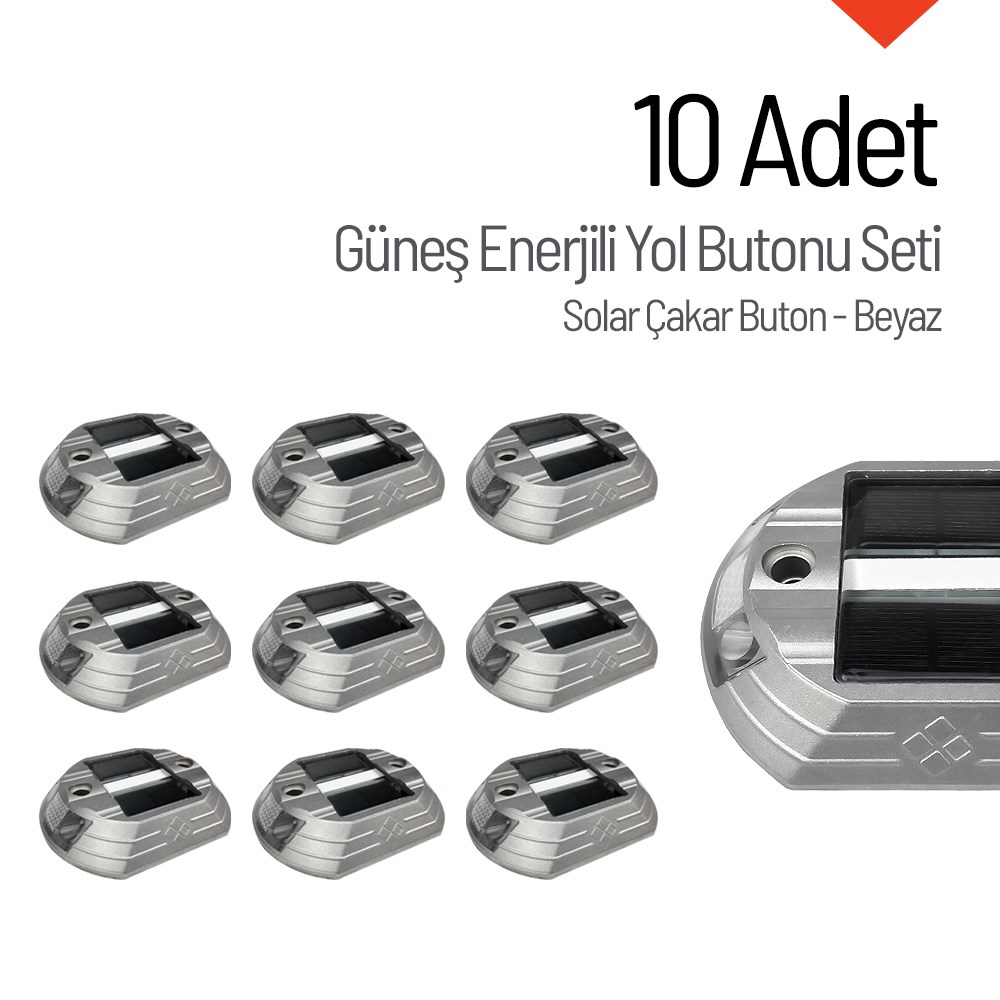10`lu Set Güneş Enerjili Yol Butonu Beyaz, Solar Çakar ButonSolar Yol Butonu