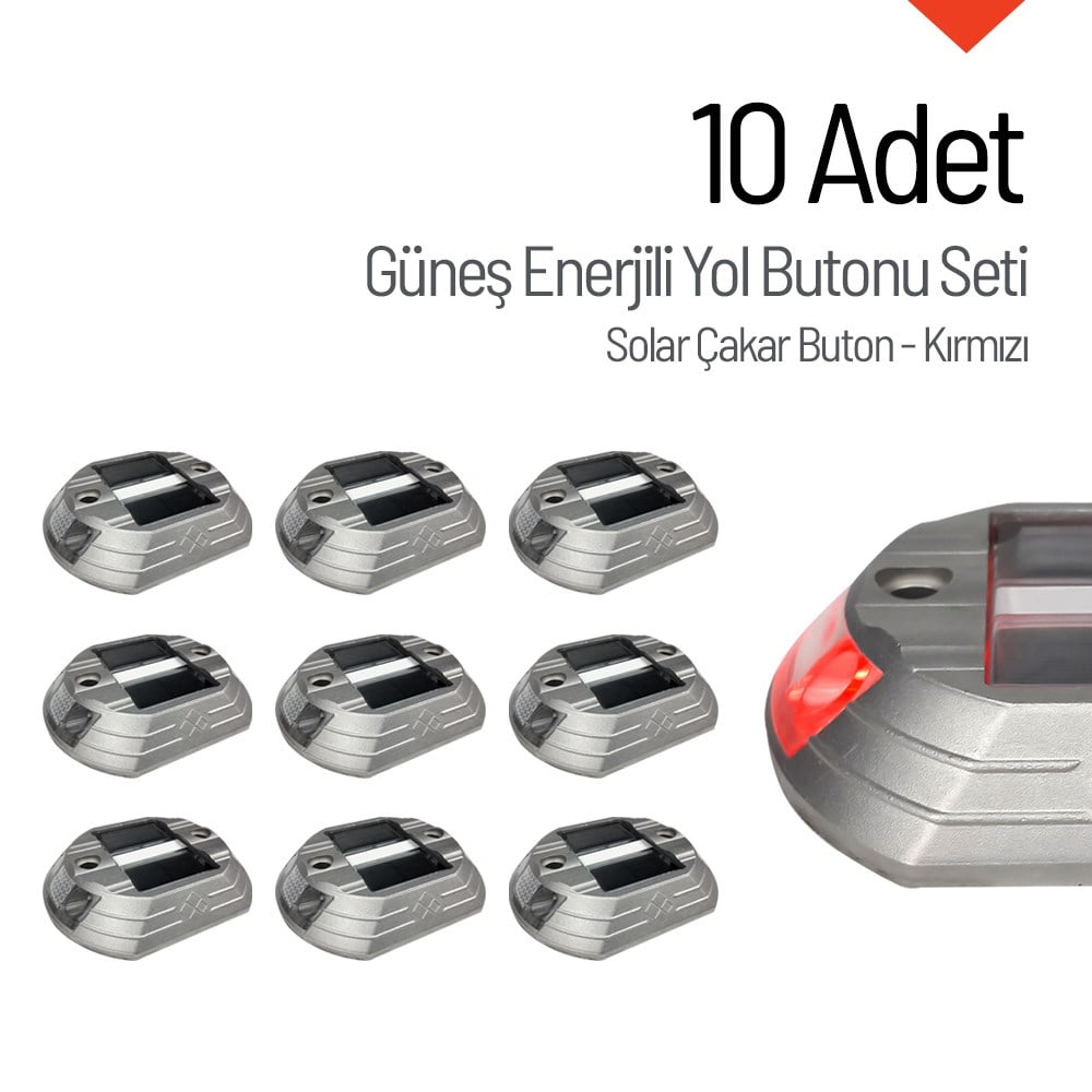 10`lu Set Güneş Enerjili Yol Butonu Kırmızı, Solar Çakar ButonSolar Yol Butonu
