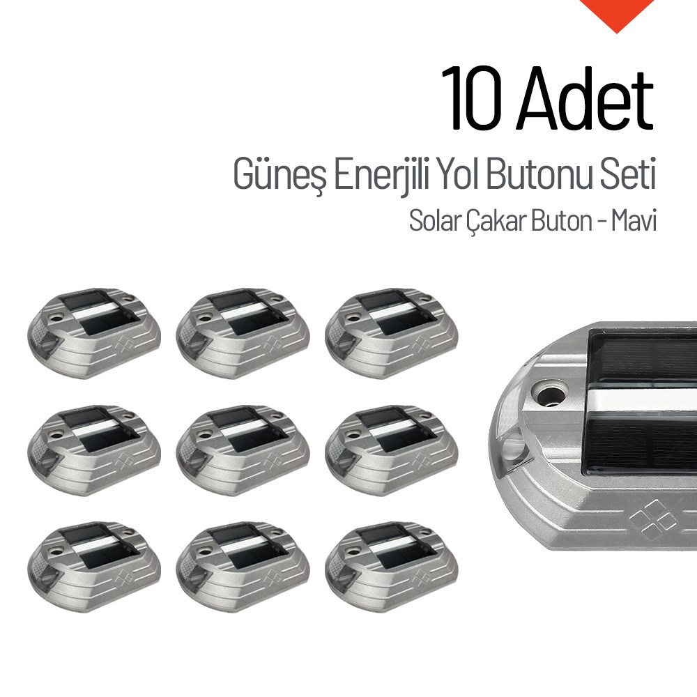 10`lu Set Güneş Enerjili Yol Butonu Mavi, Solar Çakar ButonSolar Yol Butonu