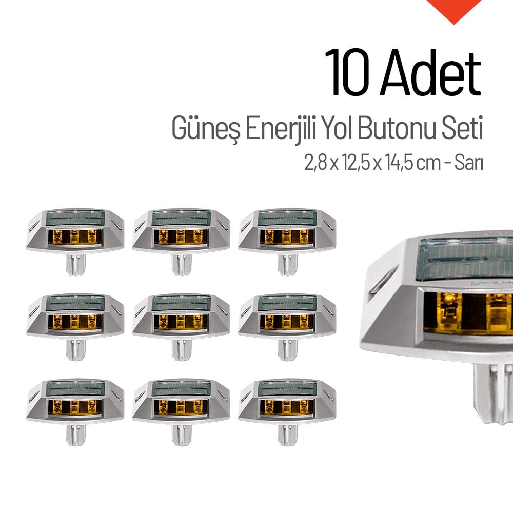 10'lu Set Sarı Güneş Enerjili Çakar Yol Butonu, Ankrajlı