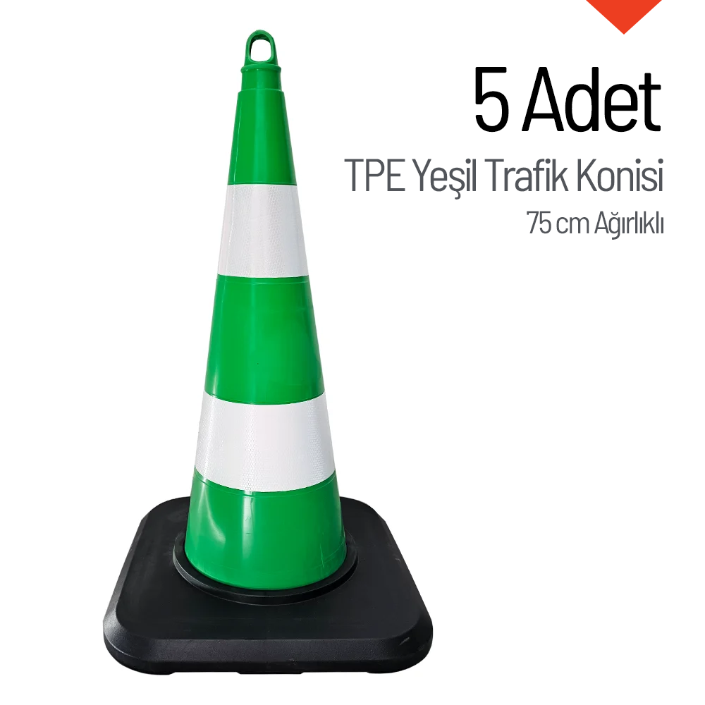 5 Adet TPE Yeşil Trafik Konisi 75 cm Ağırlıklı Çift Reflektifli Trafik DubasıTrafik Konisi PVC - TPE 75 cm