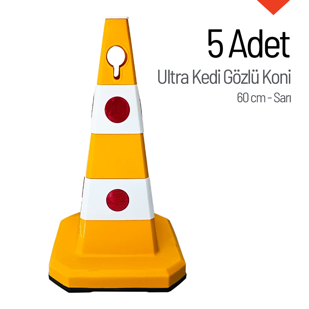 5 Adet Ultra Kedi Gözlü Koni Sarı Ağırlıklı 60 cm Trafik DubasıTrafik Konisi PPC 50-60-75 cm