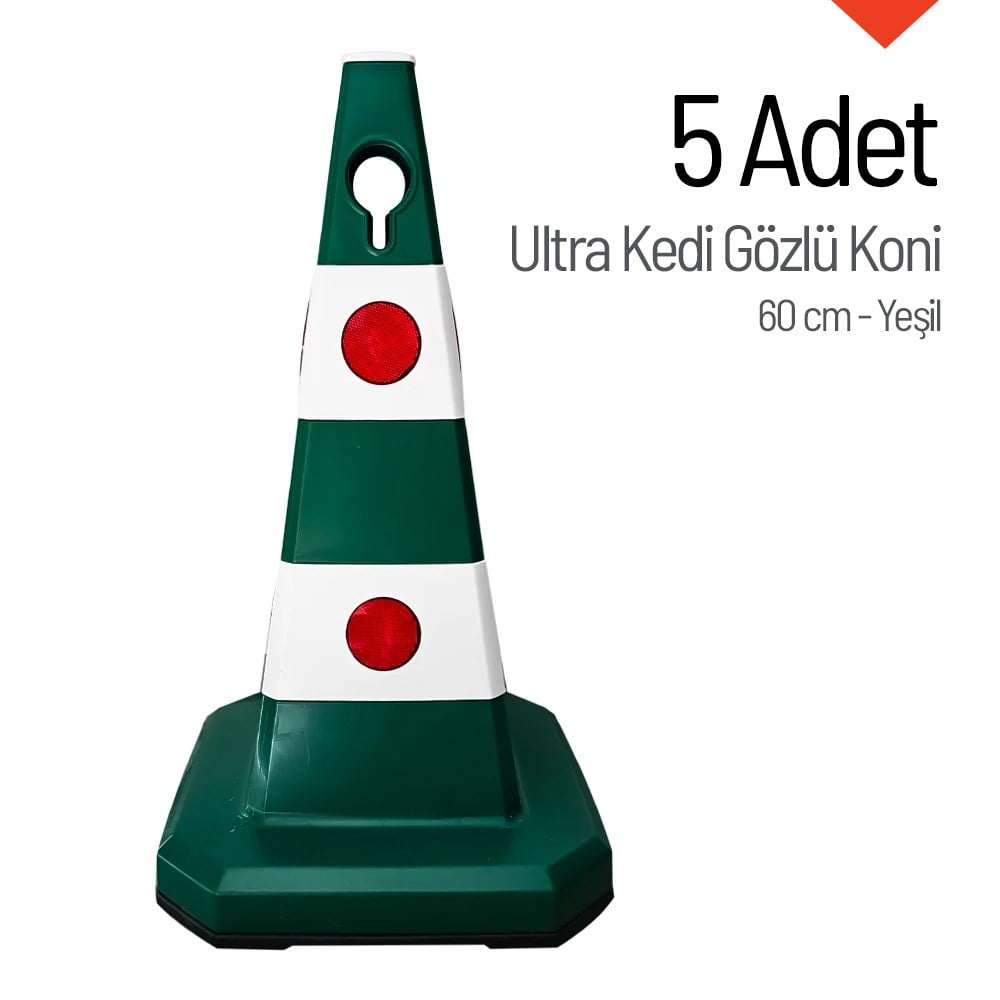 5 Adet Ultra Kedi Gözlü Koni Yeşil Ağırlıklı 60 cm Trafik DubasıTrafik Konisi PPC 50-60-75 cm
