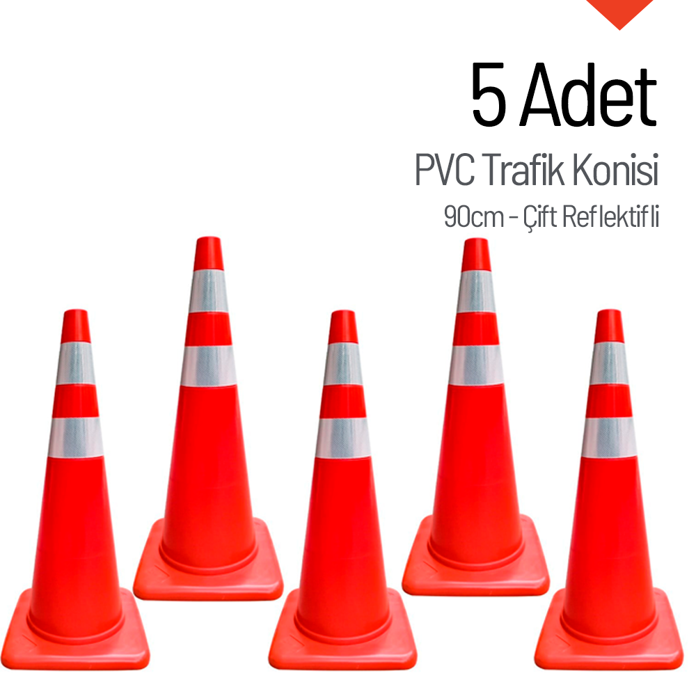 5'li PVC Trafik Konisi 90 cm Çift Reflektifli SetiTrafik Konisi PVC 90 cm