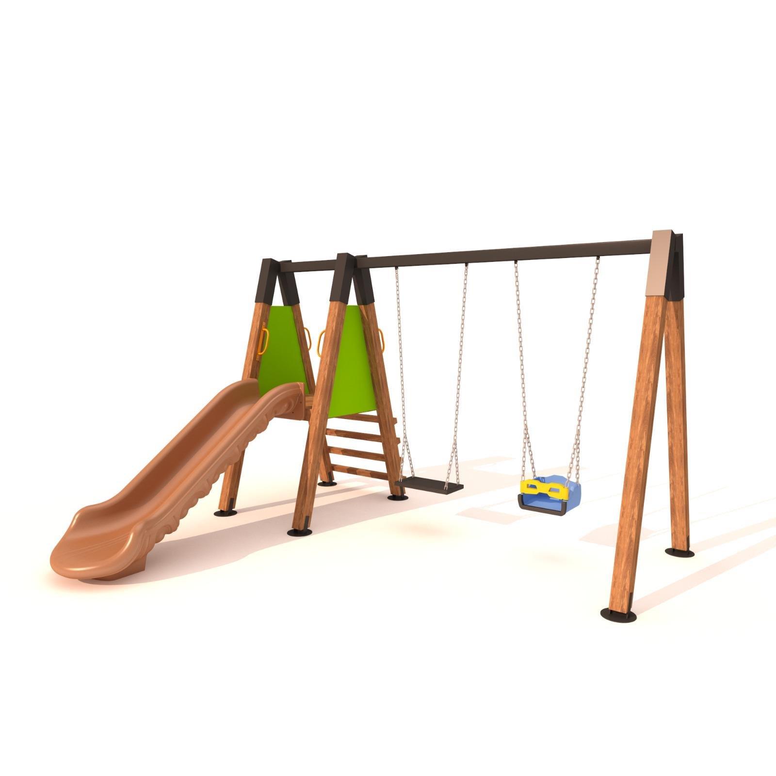 Ahşap Çocuk Parkı SG0938, Tek Kaydıraklı ve İkili Salıncaklı ModelUrban Furniture