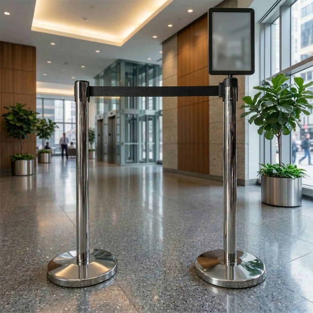 Stainless Steel Retractable Belt Barrier Set with Information SignageRetractable Belt Barriers & Q Stands