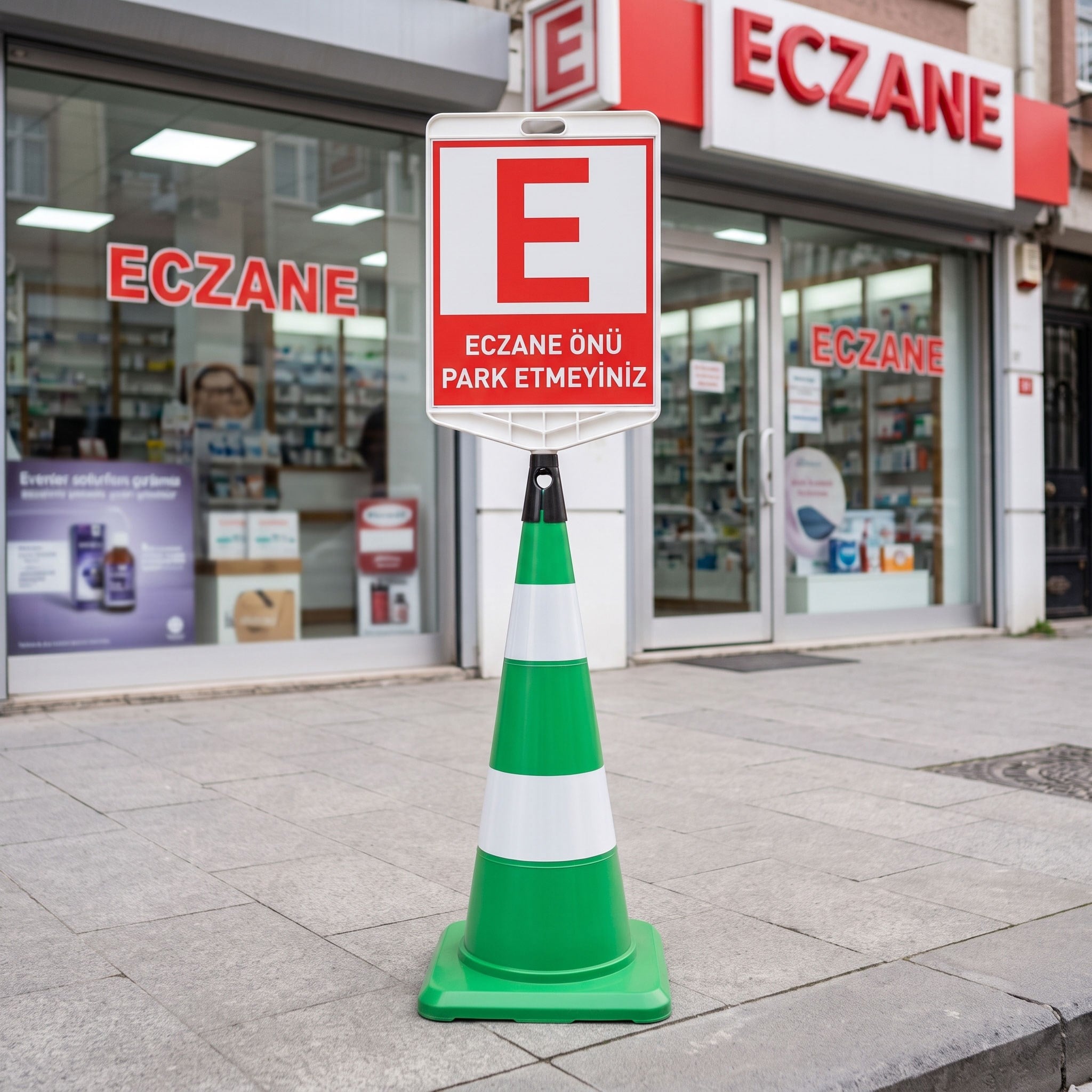 Eczane Önü Park Etmeyiniz Levhalı Yeşil Trafik Konisi SetiTraffic Cones Sets