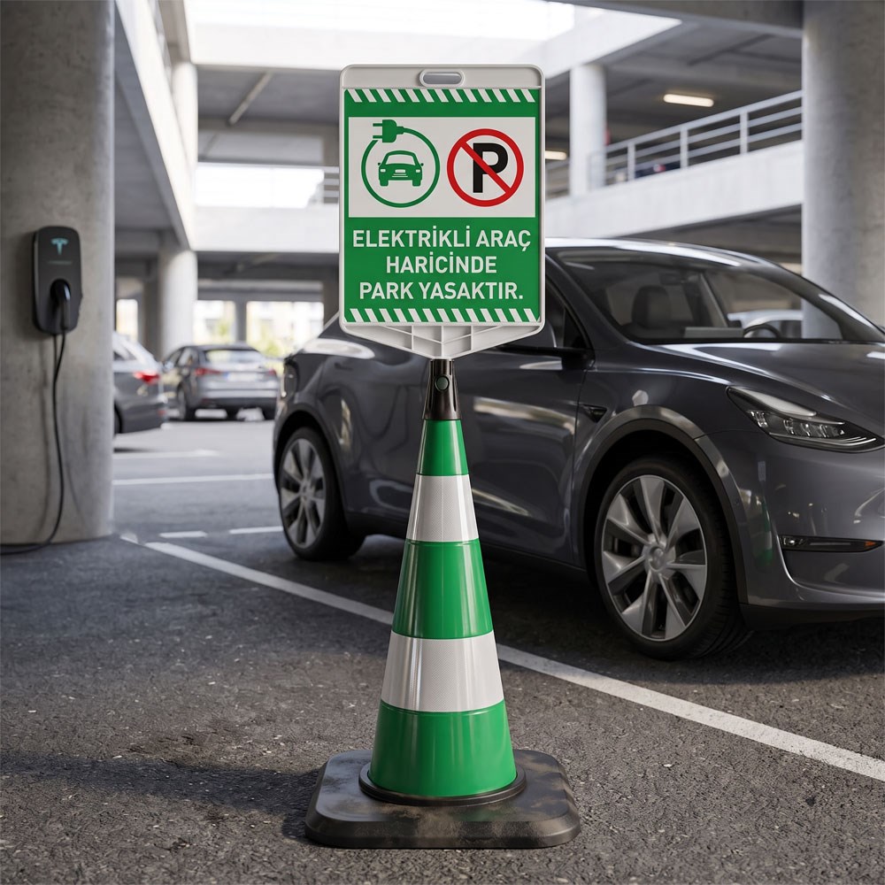 Elektrikli Araç Haricinde Park Yasaktır Levhalı Ağır Taban Yeşil Trafik Konisi SetiTraffic Cones Sets