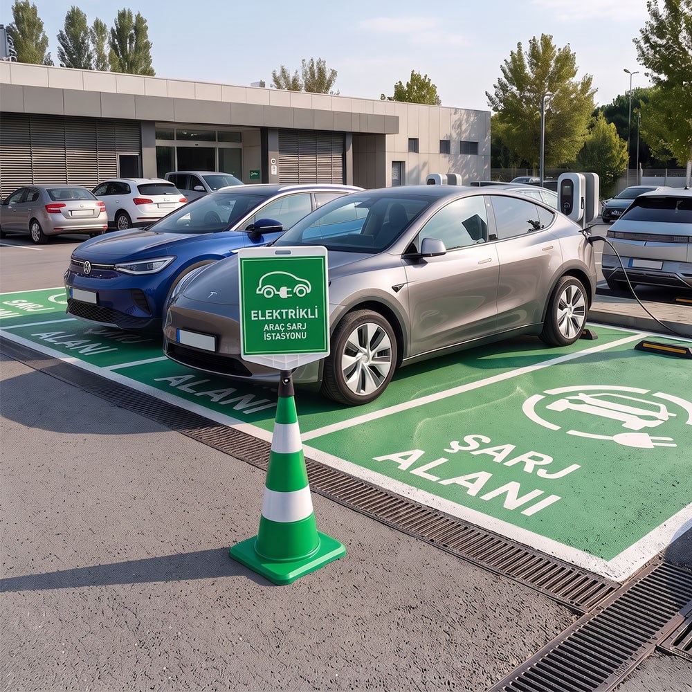 Elektrikli Araç Şarj İstasyonu Levhalı Yeşil Trafik Konisi SetiTraffic Cones Sets