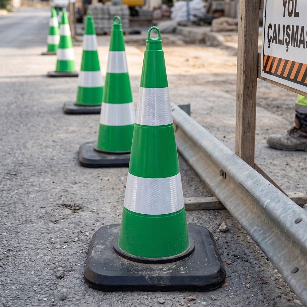 TPE Yeşil Trafik Konisi 75 cm Ağırlıklı Çift Reflektifli Trafik DubasıTrafik Konisi PVC - TPE 75 cm