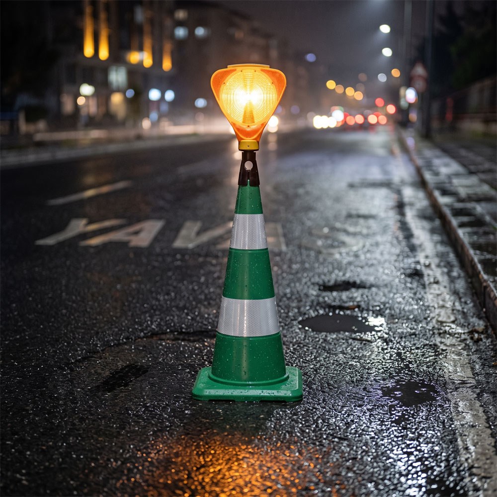 Üçgen Solar Sarı Flaşörlü 75 cm Yeşil Trafik Konisi SetiTraffic Cones Sets