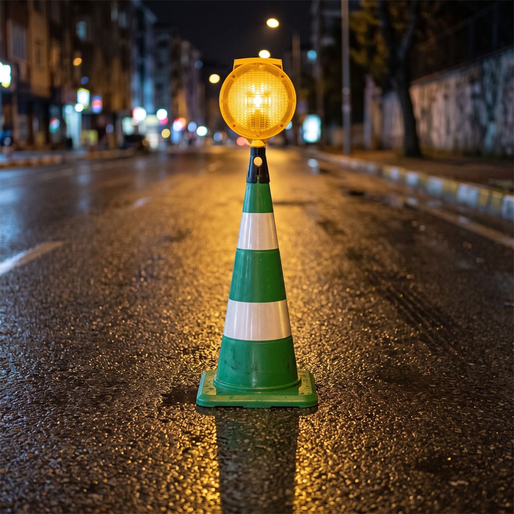 Yuvarlak Solar Sarı Flaşörlü 75 cm Yeşil Trafik Konisi SetiTraffic Cones Sets