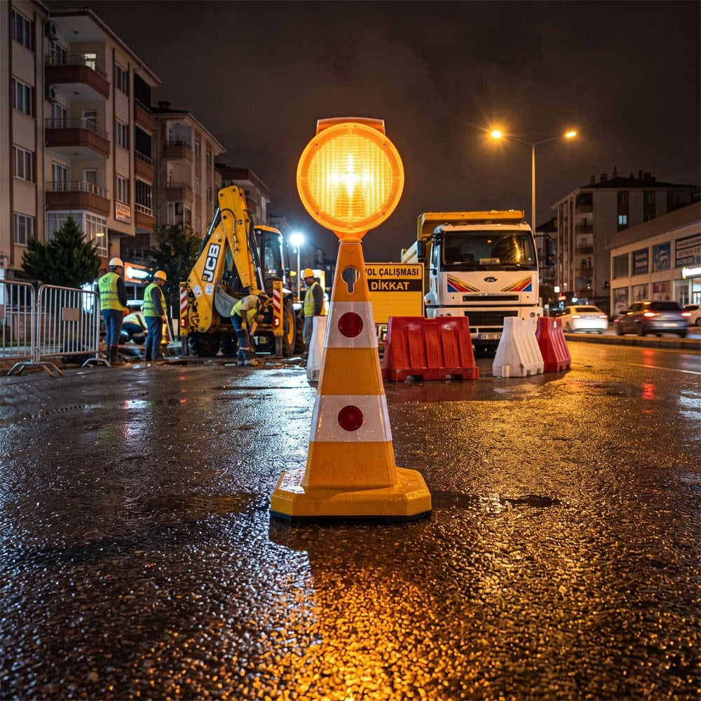 Yuvarlak Solar Sarı Flaşörlü Sarı Trafik Konisi SetiTraffic Cones Sets