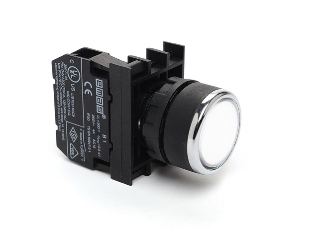 Emas B100DB B Serisi Plastik 1NO Yaylı Düz Beyaz 22 mm Buton