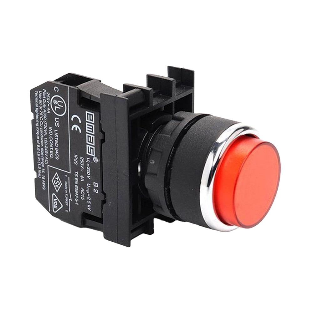 Emas B100HK B Serisi Plastik 1NO Yaylı Çıkık Kırmızı 22 mm Buton