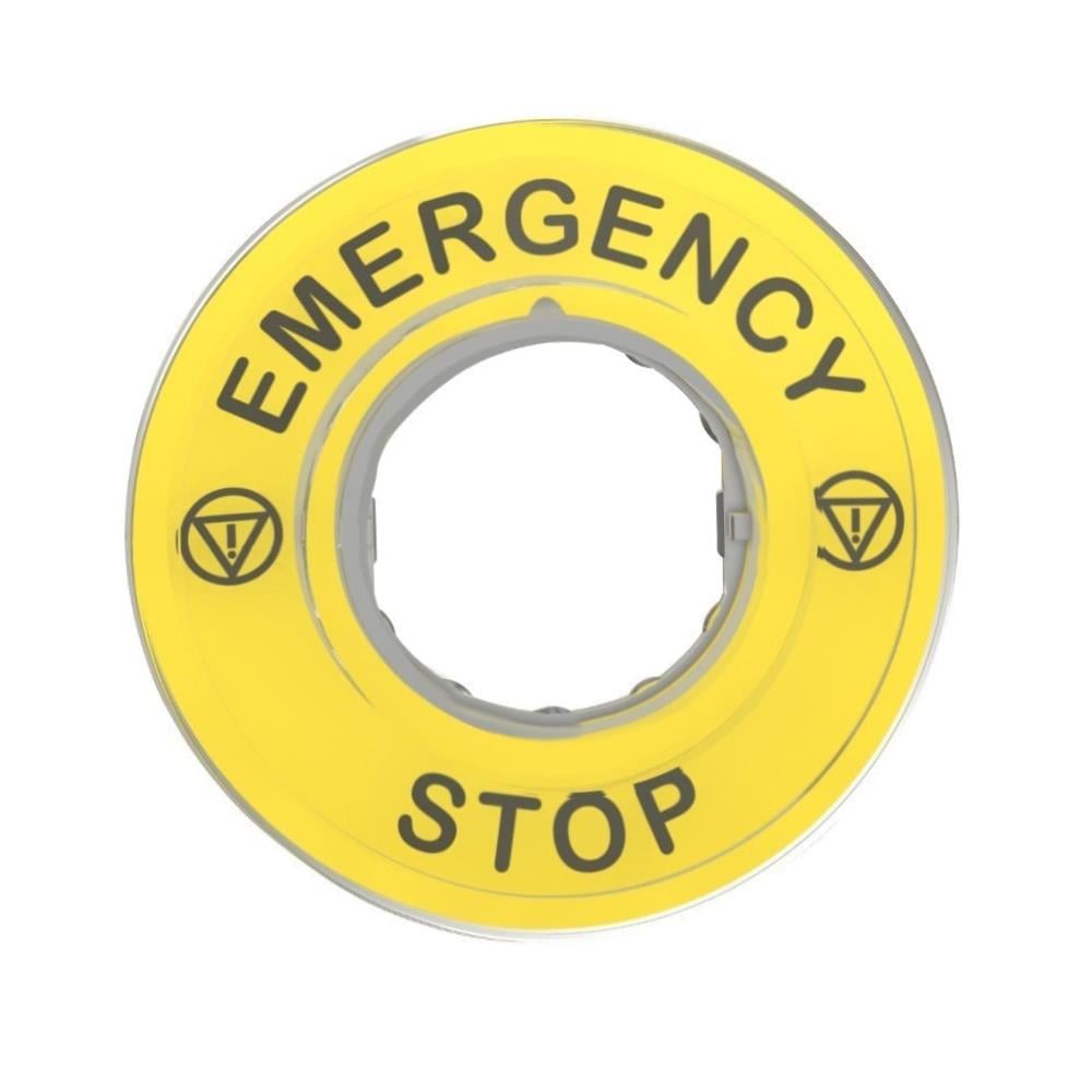 Schneider ZBY9320 Legend Holder Ø60 For Emergency Stop, Plastic, Yellow, Marked Emergency Stop