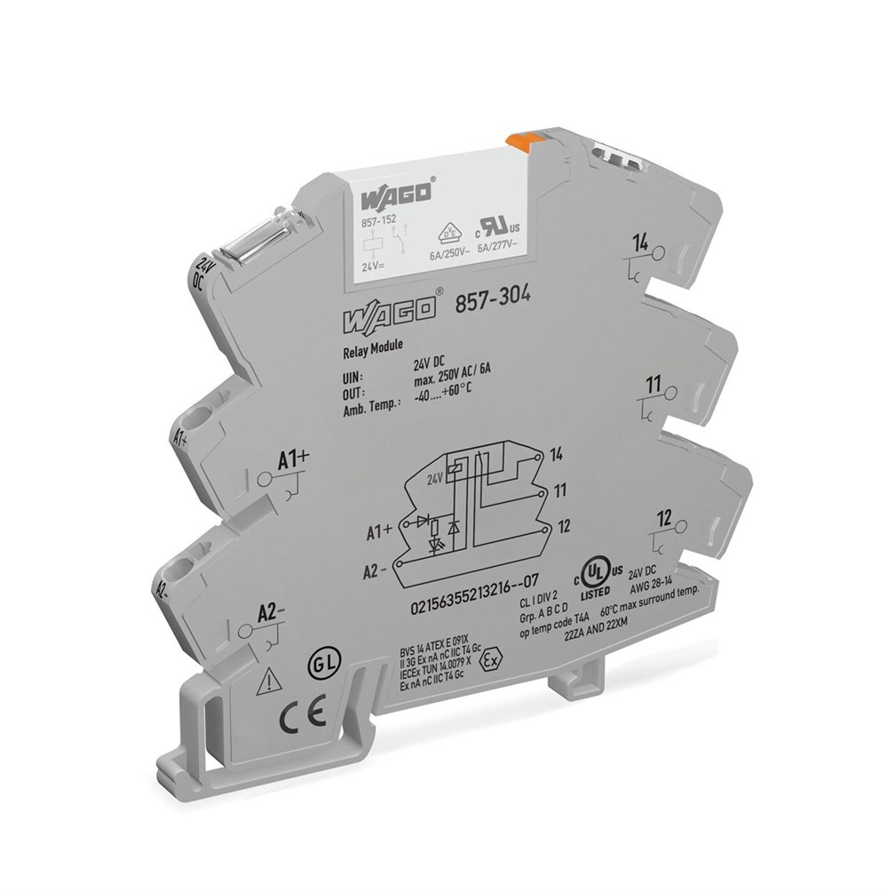 Wago 857-304 Röle Modülü; Nominal Giriş Gerilimi 24 VDC; 1 Değişken Kontak; Sınırlayıcı Sürekli Akım: 6 A; 2,50 mm²; Gri