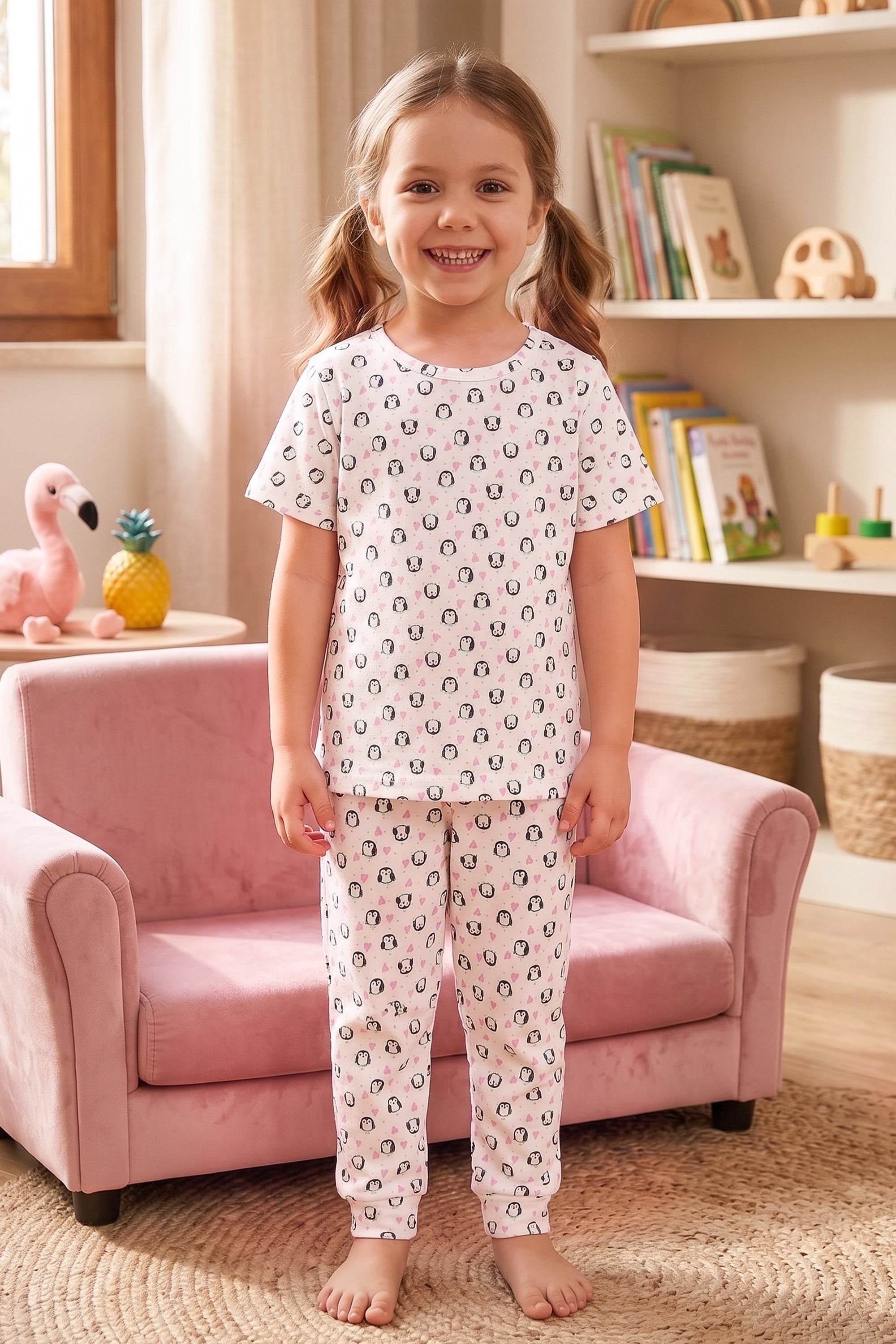 Öts Kız Çocuk Pamuklu Pijama Takımı Kısa Kol Uzun Alt Desenli Rahat Uyku Kalıbı (474001)