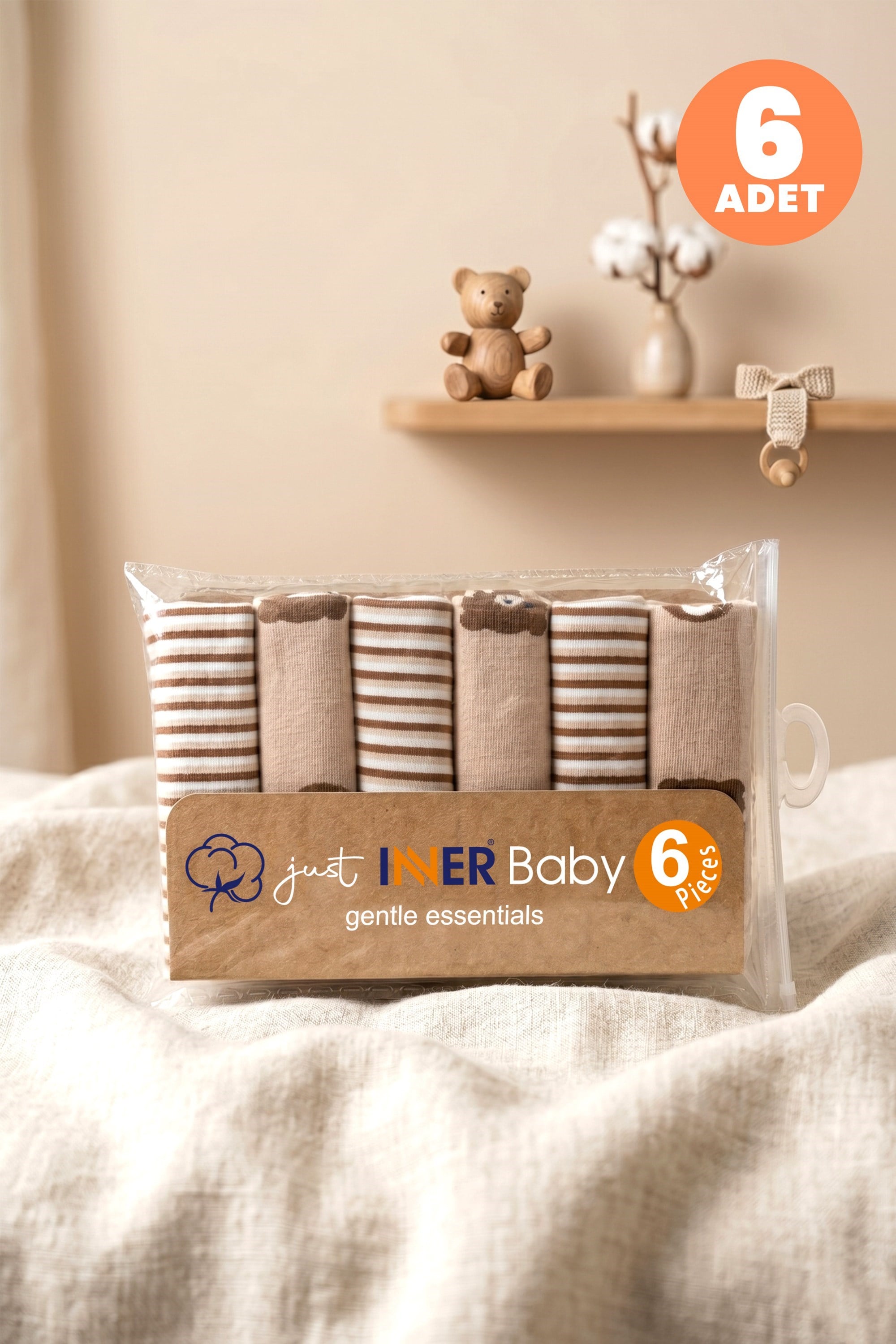 Just Inner Erkek Bebek 6'lı Pamuklu Ağız Mendili Ayıcık ve Çizgili Kutulu Set Nefes Alan (584202)