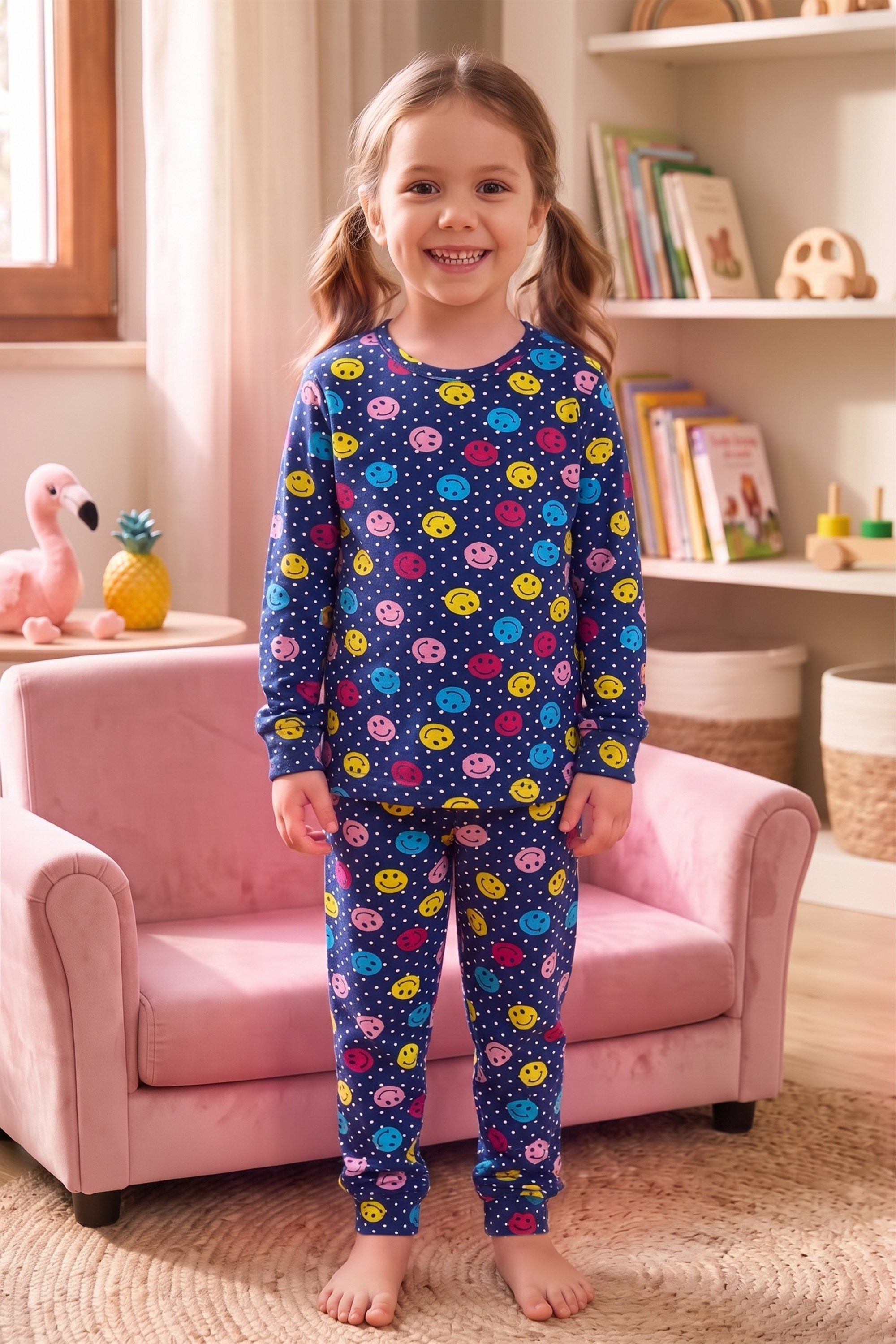 Öts Kız Çocuk Tekli Pamuklu Pijama Uzun Kol Uzun Alt Desenli Nefes Alan Rahat Kesim (474010)