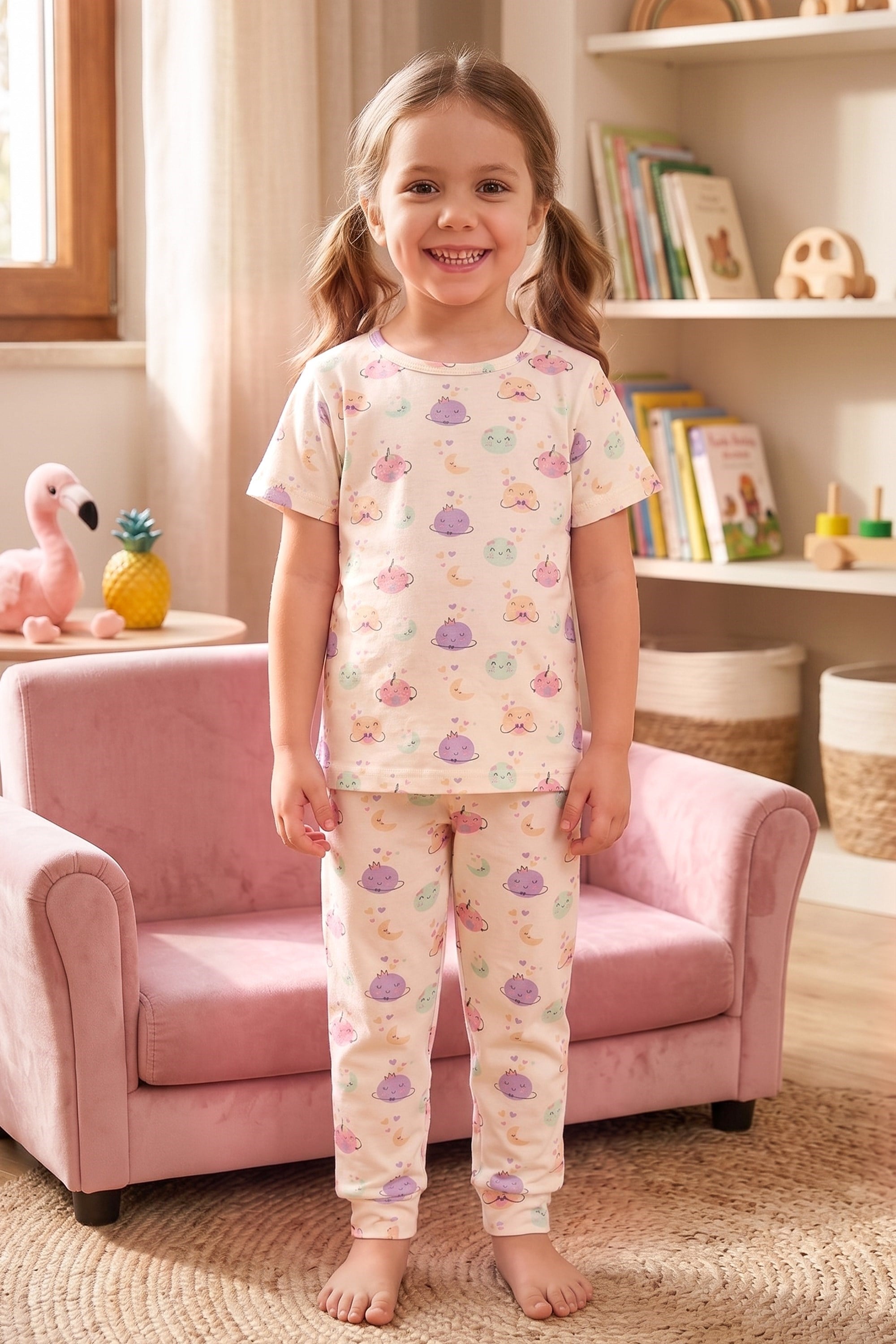 Öts Kız Çocuk Pamuklu Pijama Takımı Kısa Kol Uzun Desenli Yumuşacık Ev Giyimi (474002)