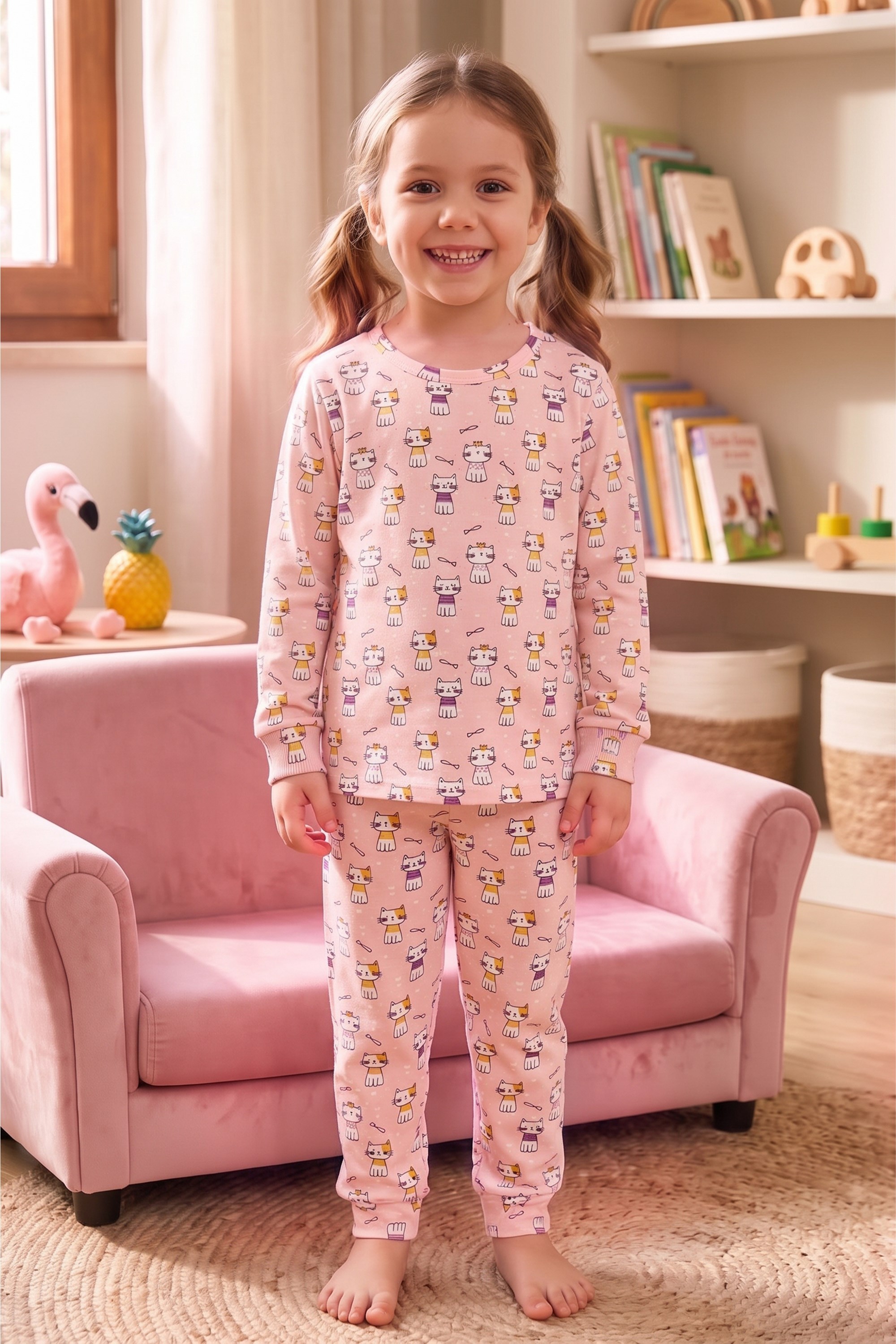 Öts Kız Çocuk Tekli Pamuklu Pijama Uzun Kol Uzun Alt Desenli Nefes Alan Rahat Kesim (474008)