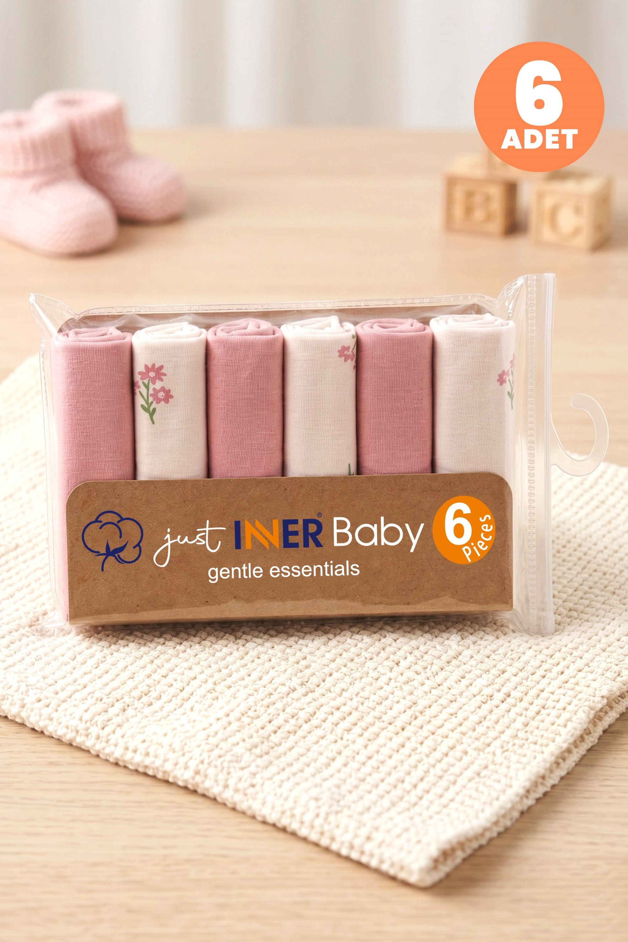 Just Inner Kız Bebek 6'lı Pamuklu Ağız Mendili Çiçekli Kutulu Set Nefes Alan Doku (684203)
