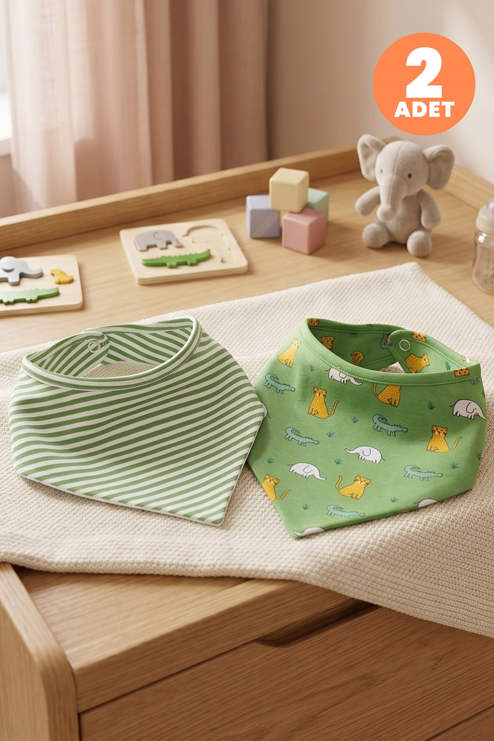 Just Inner Erkek Bebek 2'li Pamuklu Üçgen Fular Önlük Safari ve Çizgili Çıtçıtlı Çift Katlı (584401)