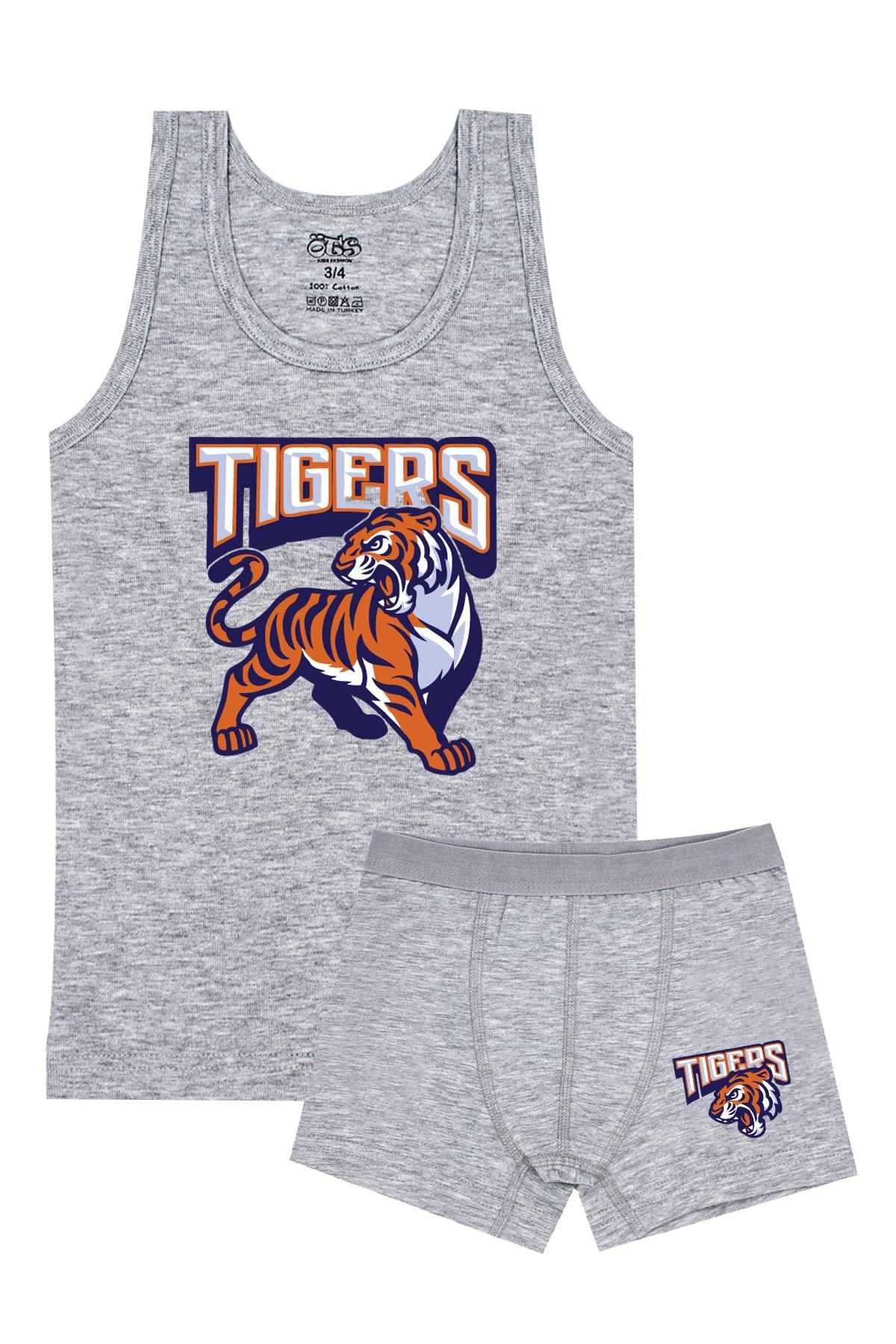 Öts Erkek Çocuk Atlet Boxer Likralı Gri Tigers (%96 Pamuk - %4 Elastan)