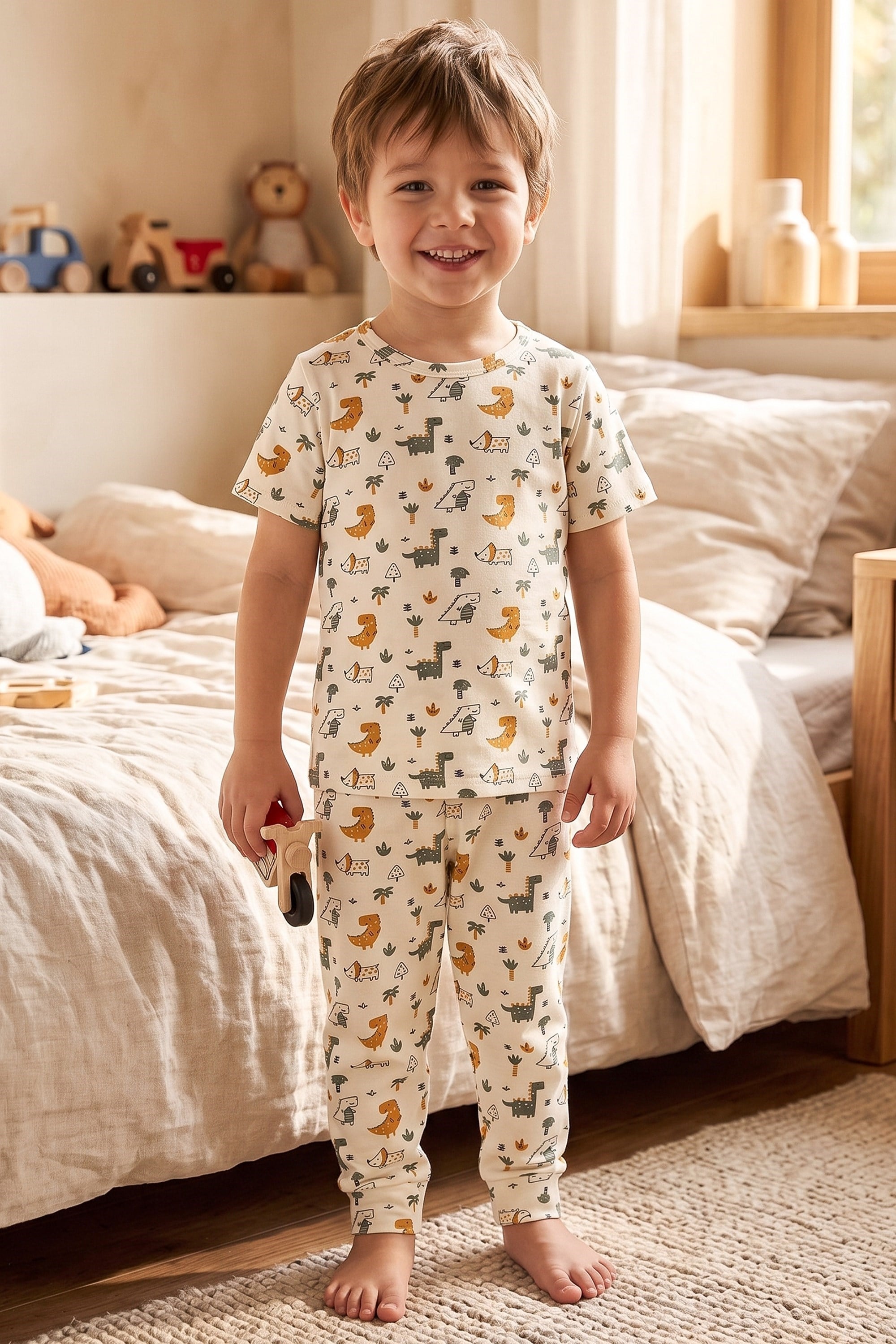 ÖTS Erkek Çocuk Pijama Takım - Kısa Kol, Uzun Alt - Dinozor Desenli   - 374004