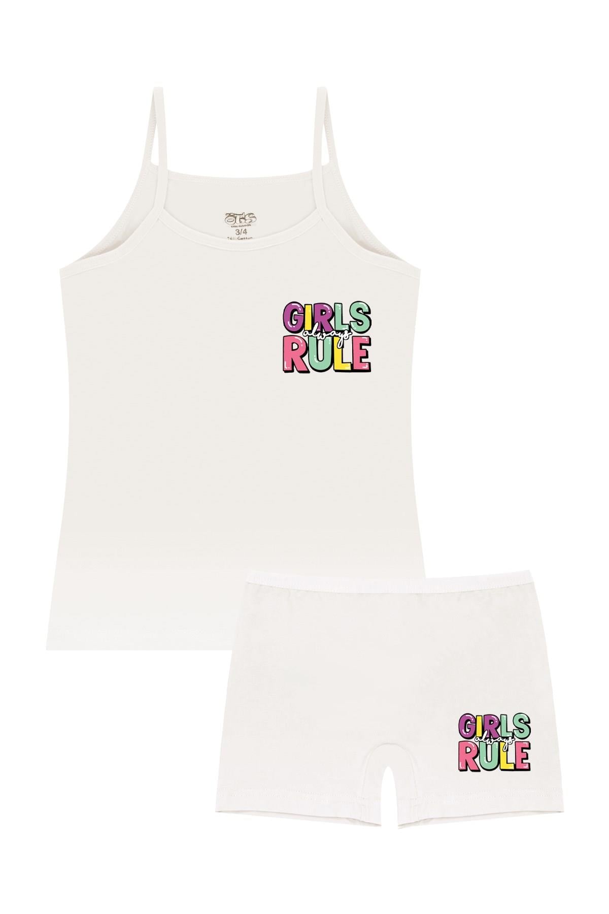 Öts Kız Çocuk Atlet Boxer Likralı Ekru Girls Rule (%96 Pamuk - %4 Elastan)