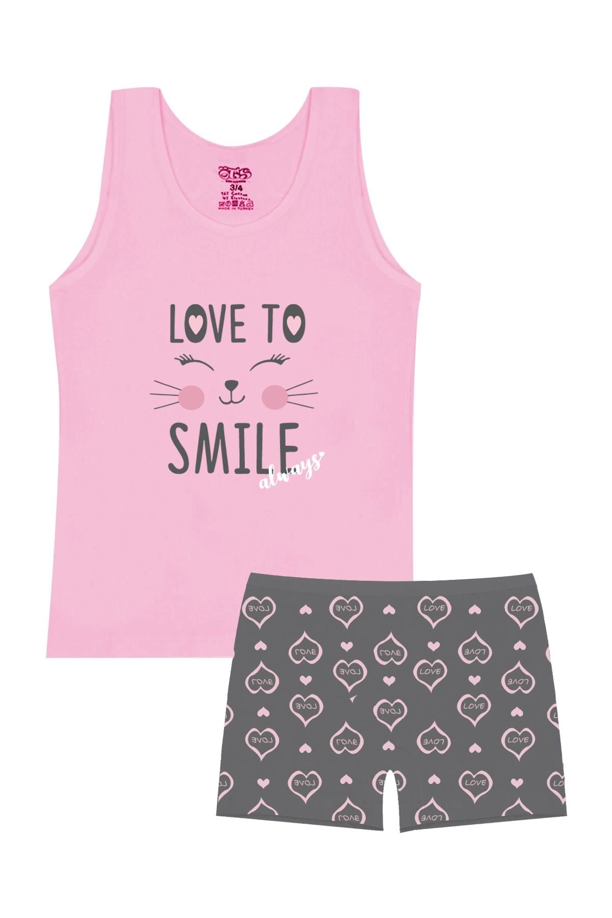Öts Kız Çocuk Atlet Boxer Likralı Pembe Kedi (%96 Pamuk - %4 Elastan)