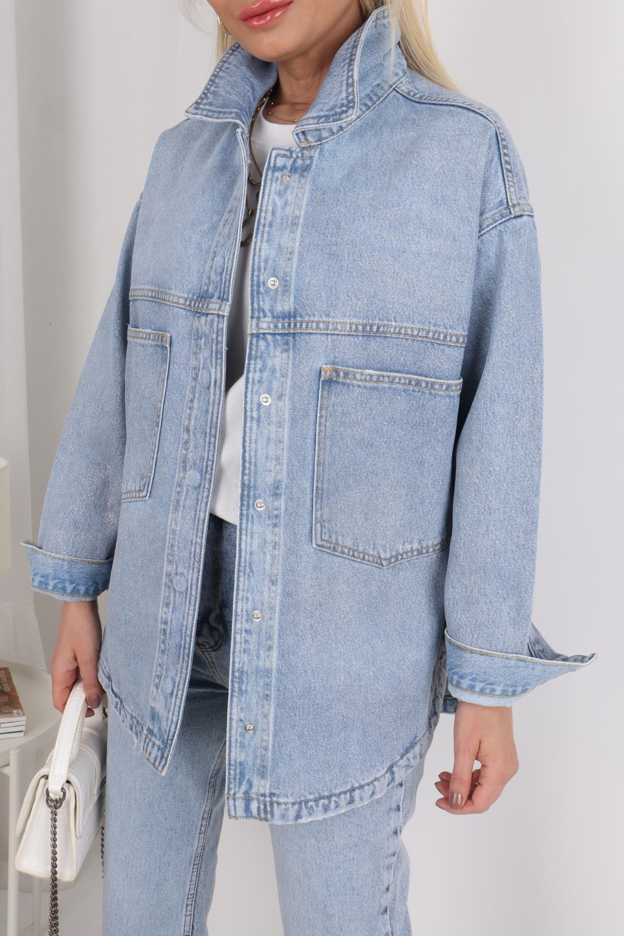 Açık Mavi Simli Oversize Denim Ceket CEKET