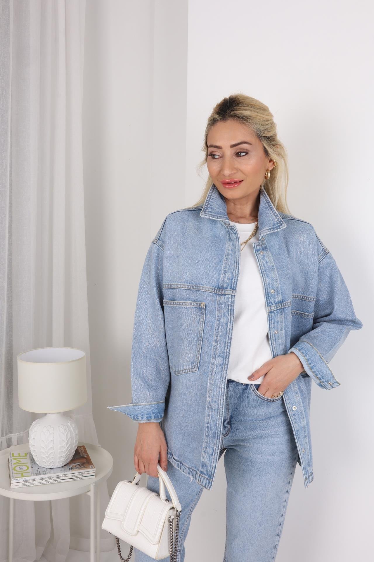 Açık Mavi Simli Oversize Denim Ceket CEKET