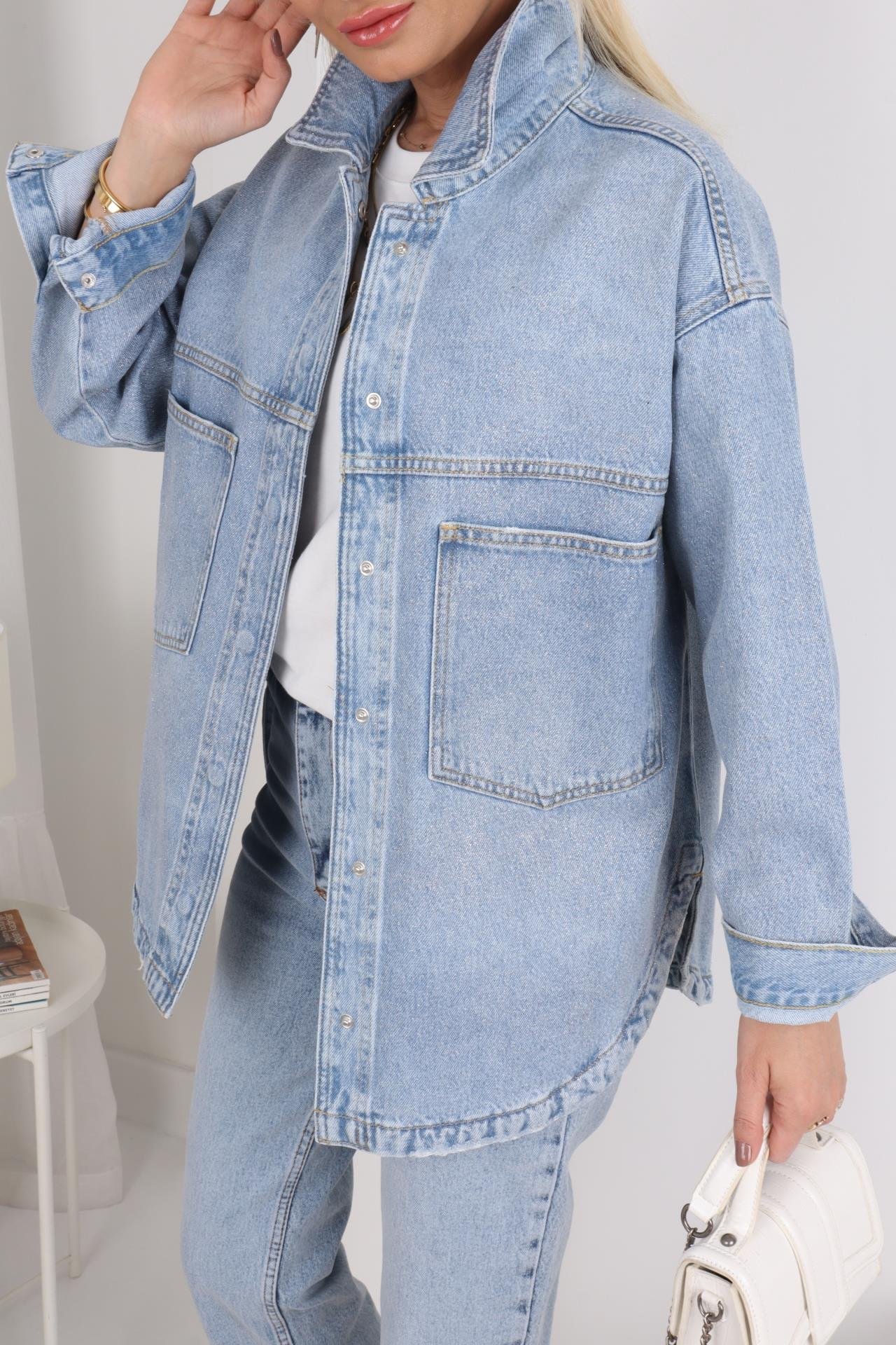 Açık Mavi Simli Oversize Denim Ceket CEKET