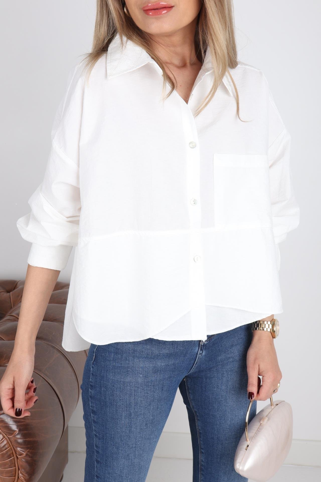 Asimetrik Kesim Ekru Crop Gömlek GÖMLEK