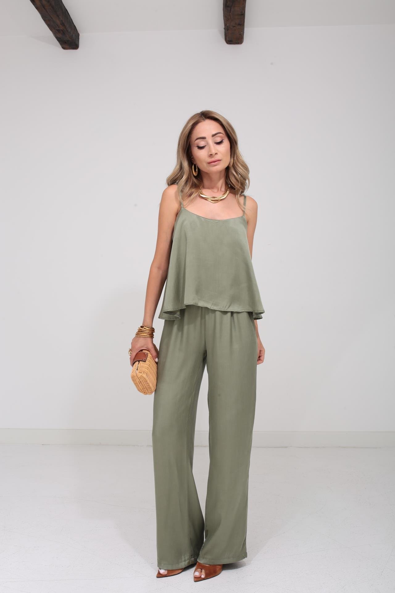 Askılı Tensel Kumaş Haki Bluz Pantolon TAKIM | NO33